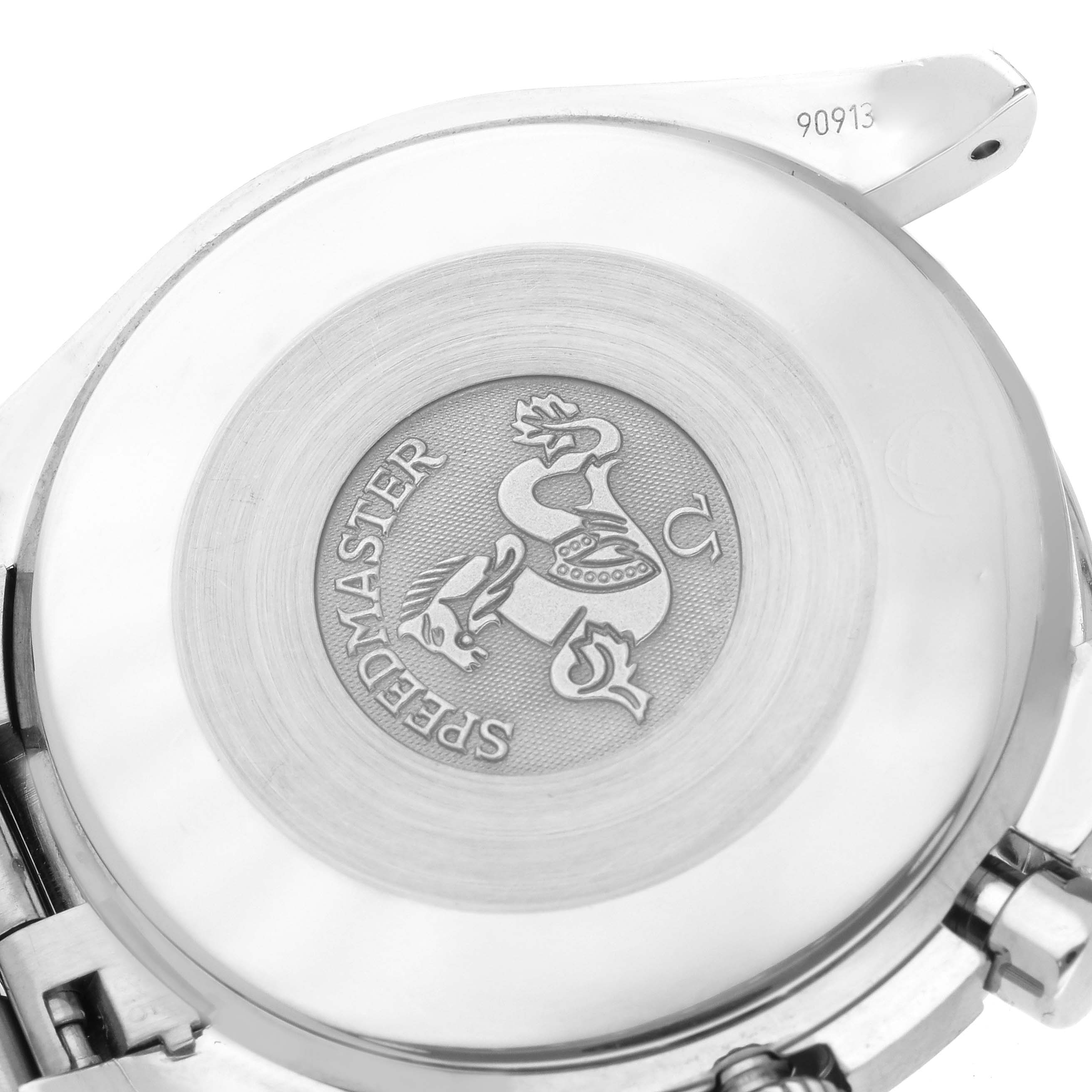 The image shows the back of an Omega Speedmaster 3539.50.00 Men
s Stainless Steel Black Dial 3539.50.00 Men
s Stainless Steel Black Dial watch with its logo and engraving.