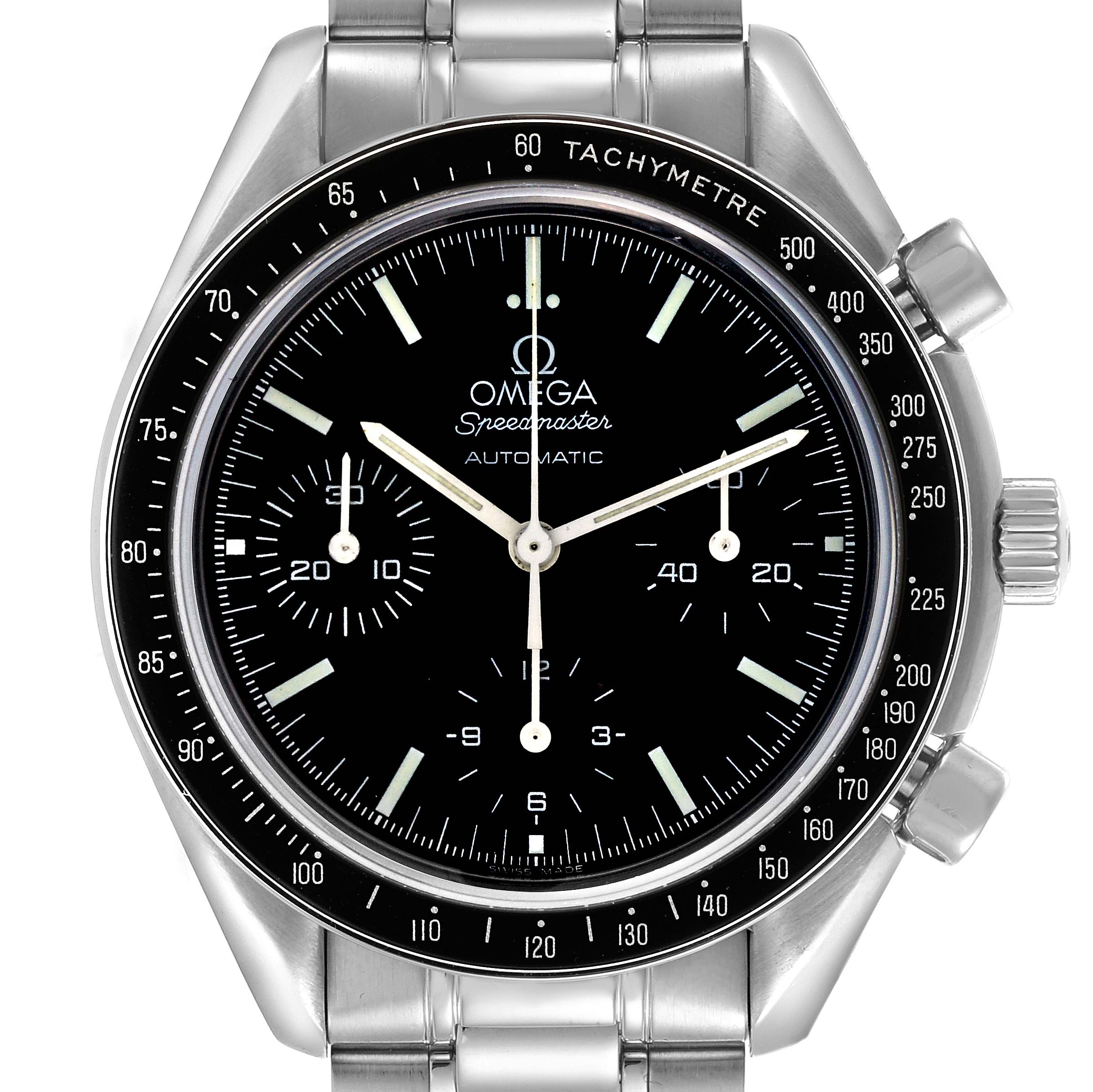 The Omega Speedmaster 3539.50.00 Men
s Stainless Steel Black Dial 3539.50.00 Men
s Stainless Steel Black Dial watch is shown from a front angle, highlighting the dial, bezel, and chronograph sub-dials.