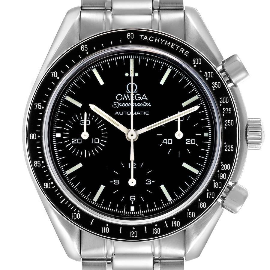 The Omega Speedmaster watch is shown from a front angle, highlighting the dial, bezel, and chronograph sub-dials.