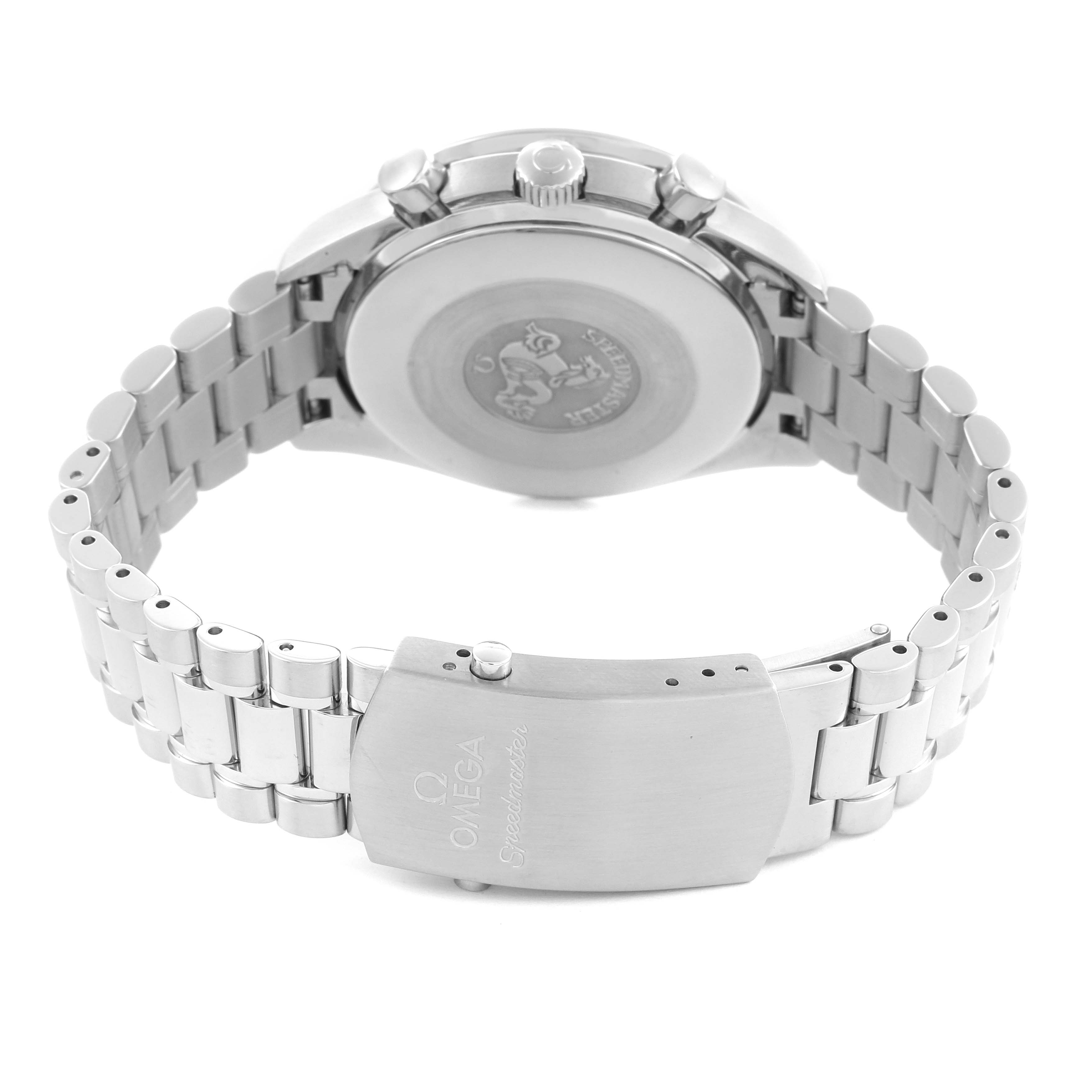 The Omega Speedmaster 3539.50.00 Men
s Stainless Steel Black Dial 3539.50.00 Men
s Stainless Steel Black Dial is shown from the back, highlighting the clasp, bracelet, and caseback.