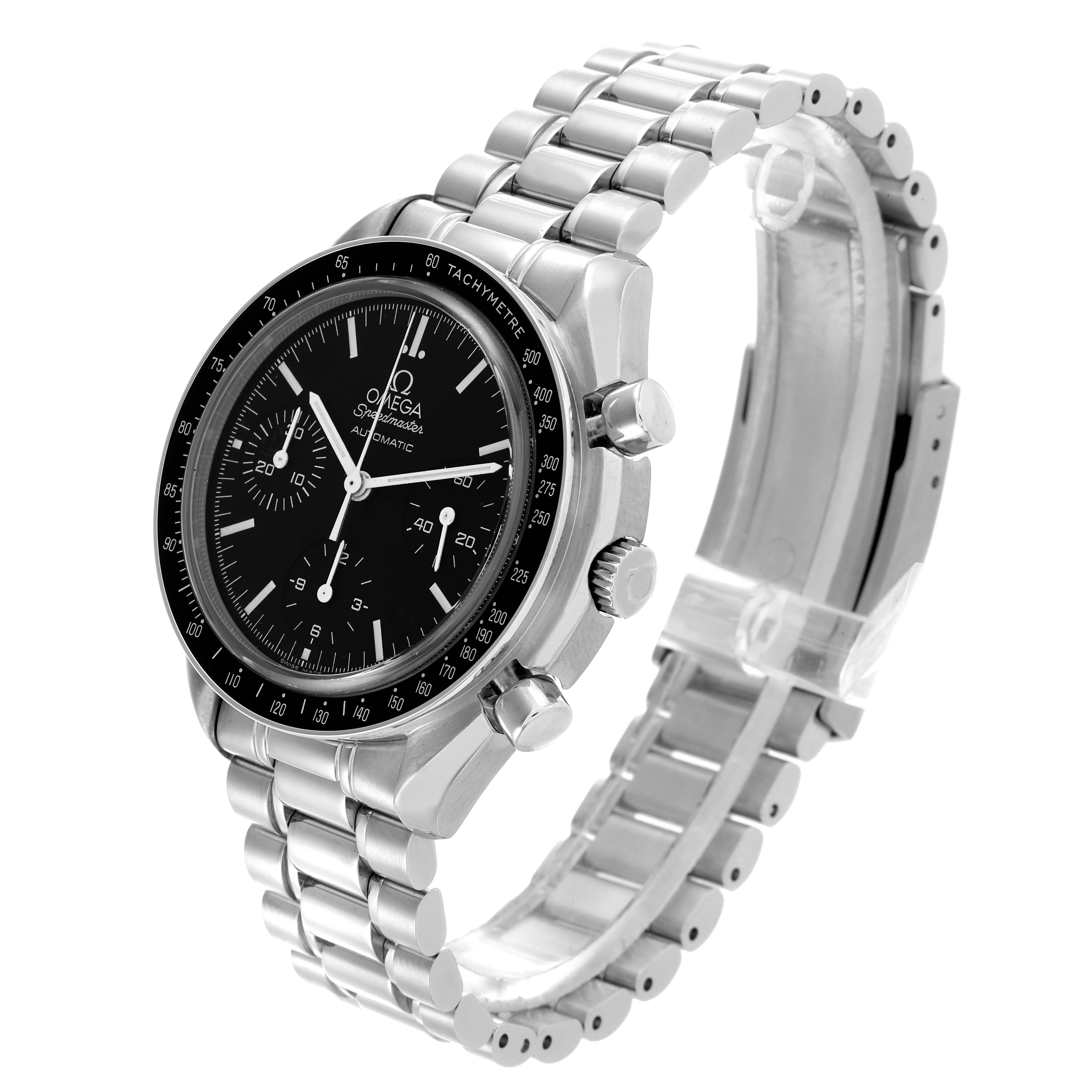 The Omega Speedmaster 3539.50.00 Men
s Stainless Steel Black Dial 3539.50.00 Men
s Stainless Steel Black Dial is shown at an angle displaying the face, bezel, crown, pushers, and stainless steel bracelet.