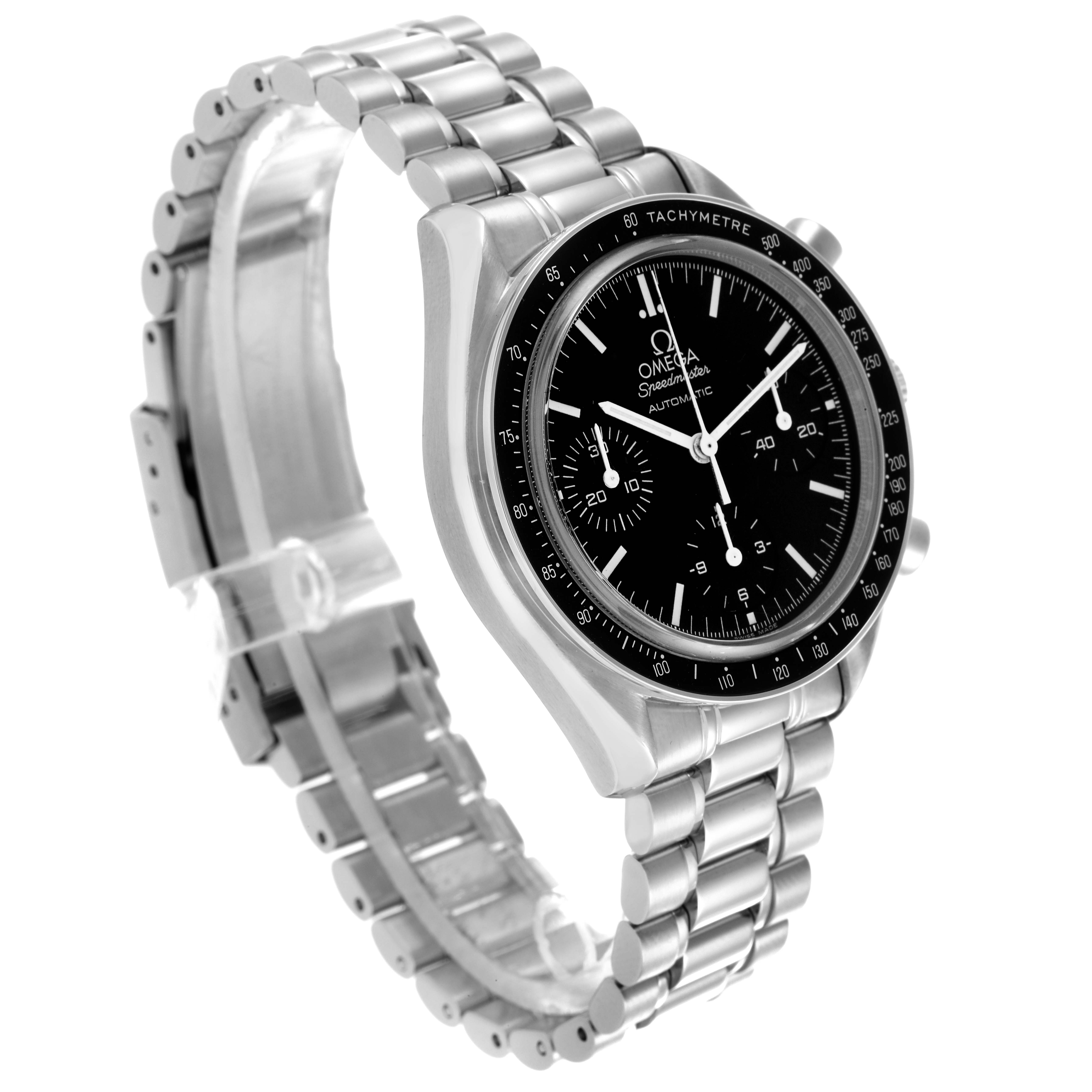 The Omega Speedmaster 3539.50.00 Men
s Stainless Steel Black Dial 3539.50.00 Men
s Stainless Steel Black Dial is shown at a front-left angle, highlighting the face, bezel, and full stainless steel bracelet.