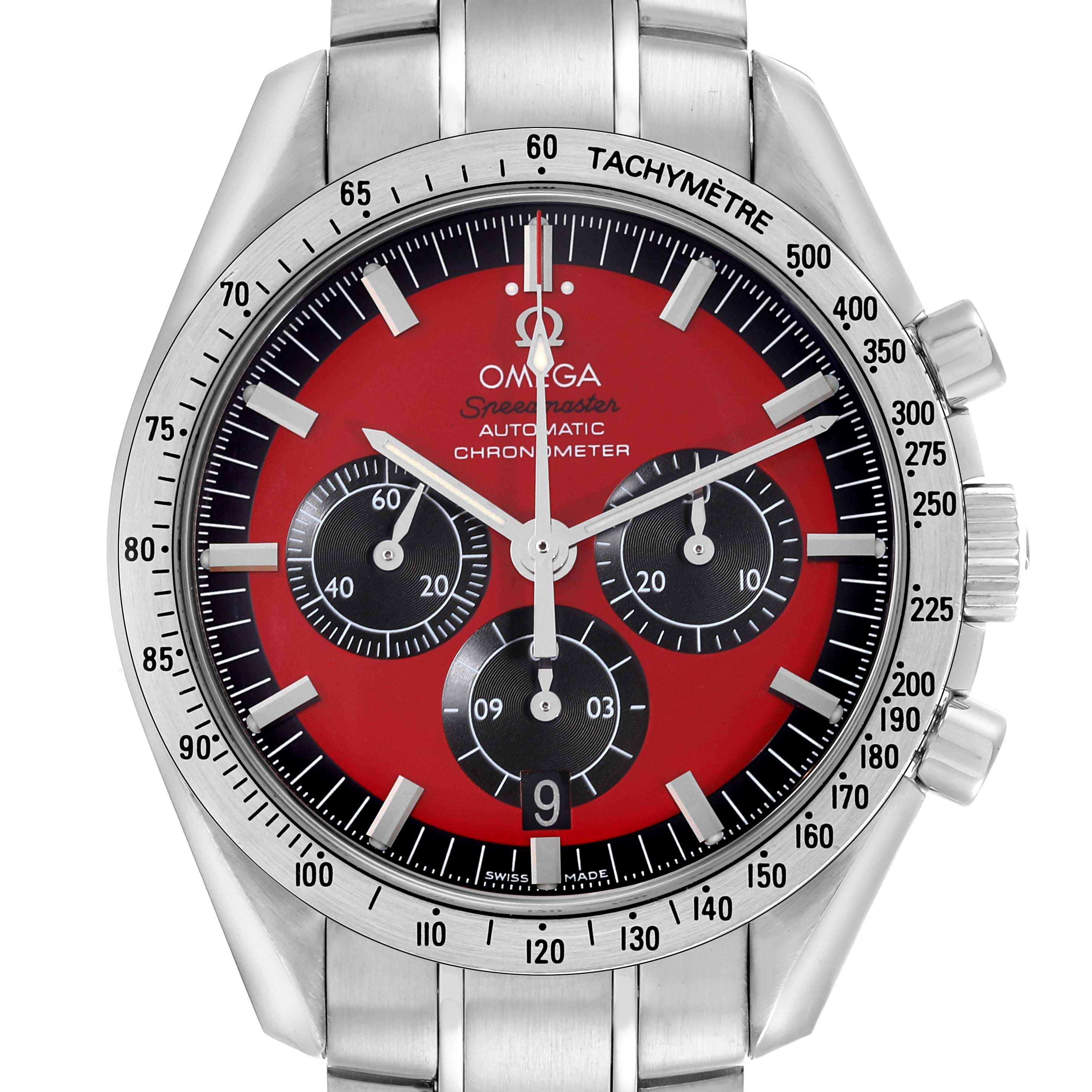 The image shows the front view of an Omega Speedmaster 3506.61.00 Men
s Stainless Steel Red Dial 3506.61.00 Men
s Stainless Steel Red Dial watch, highlighting its red dial and chronograph features.
