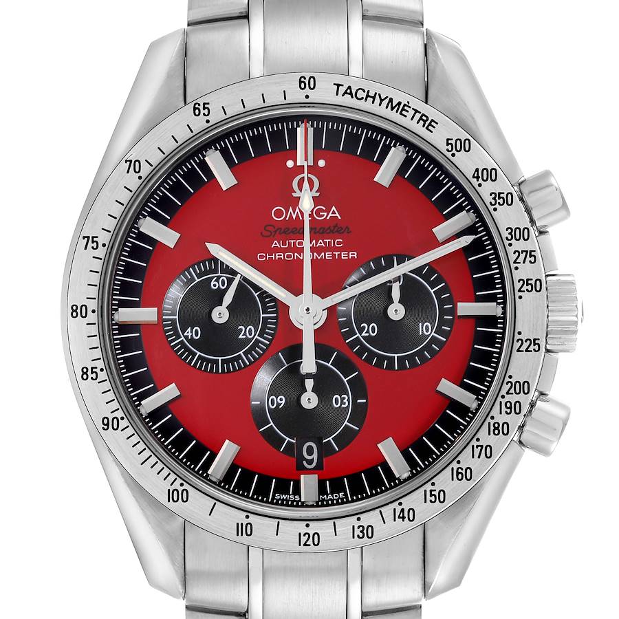 The image shows the front view of an Omega Speedmaster watch, highlighting its red dial and chronograph features.