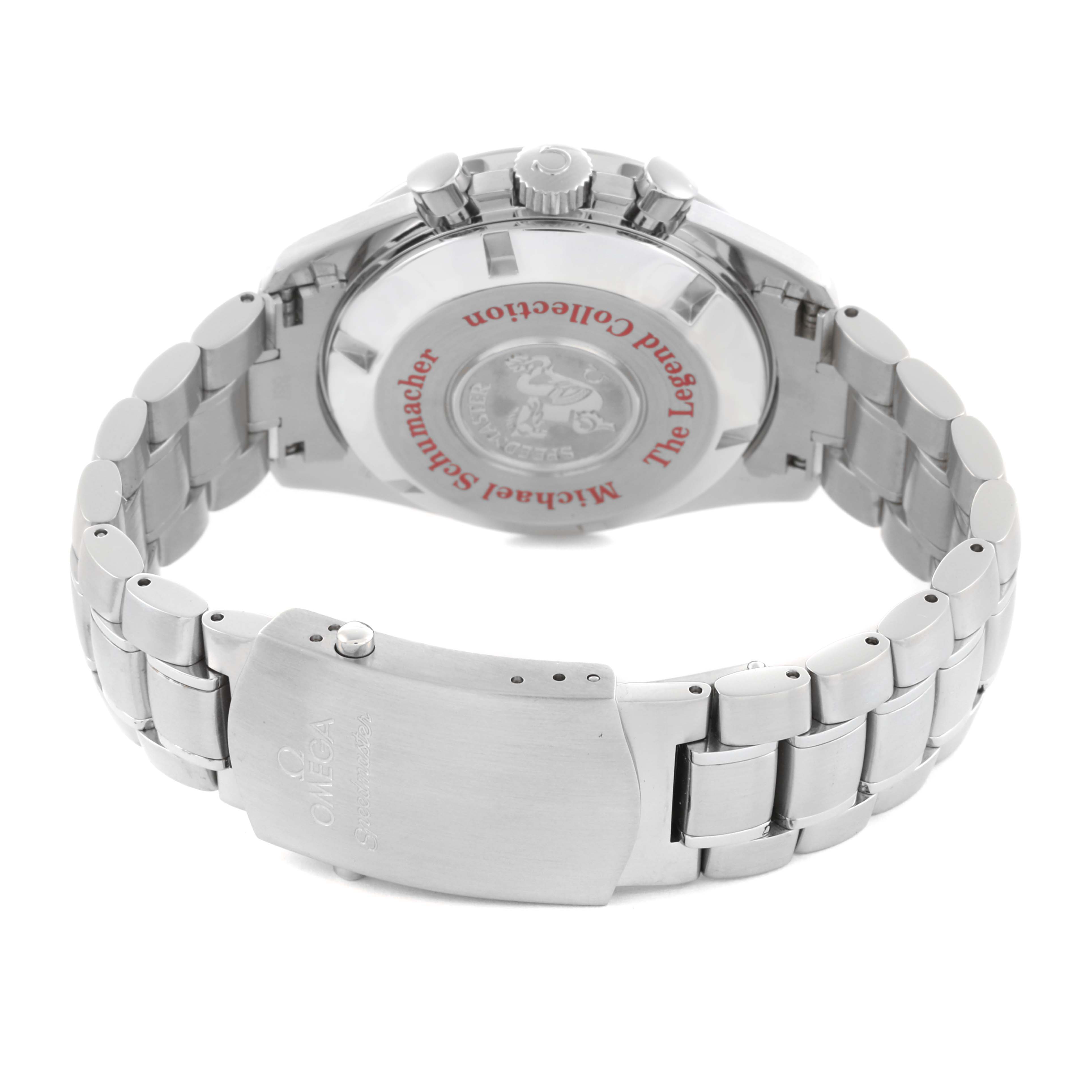 The Omega Speedmaster 3506.61.00 Men
s Stainless Steel Red Dial 3506.61.00 Men
s Stainless Steel Red Dial watch is shown from the back, displaying the case back, bracelet, and clasp.