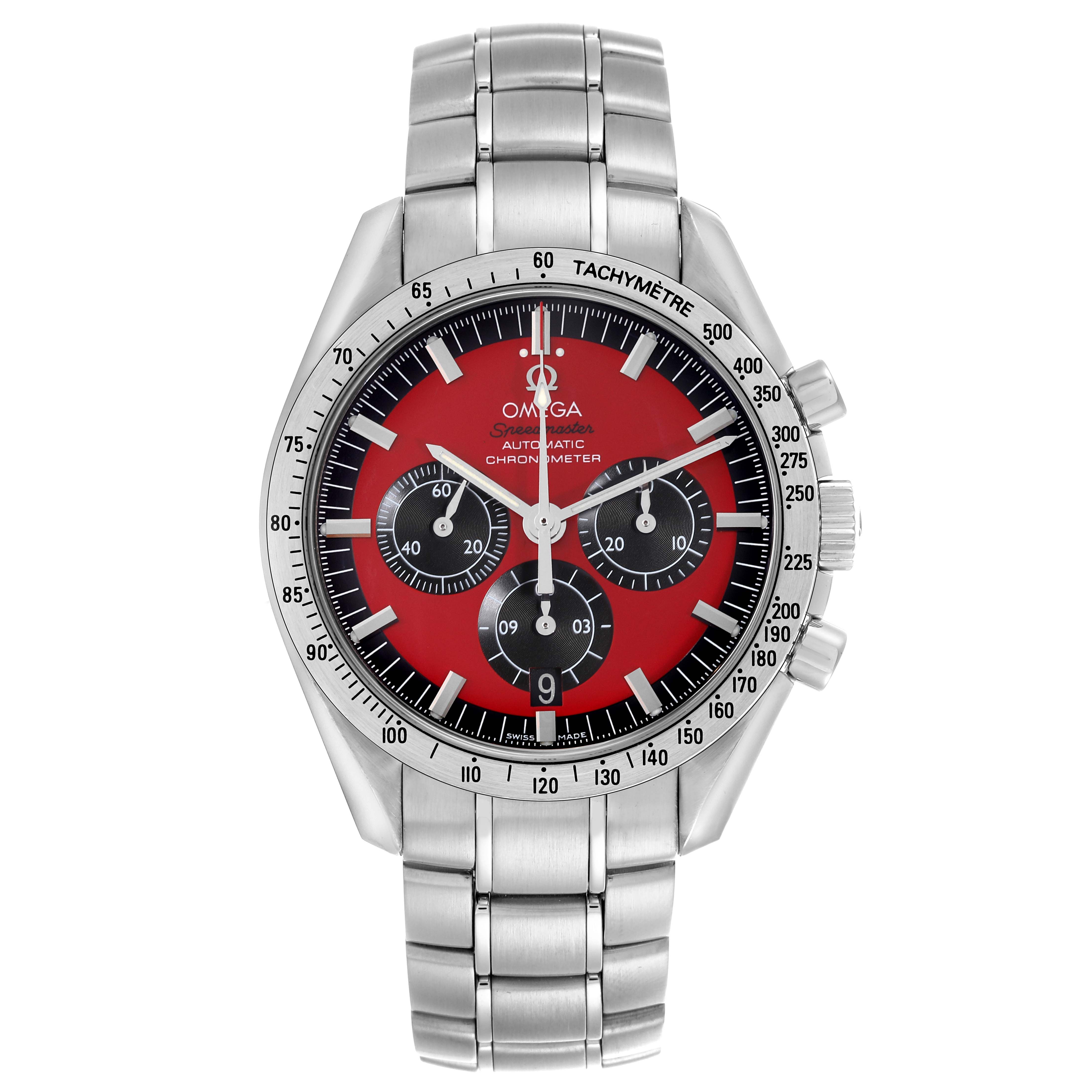 The Omega Speedmaster 3506.61.00 Men
s Stainless Steel Red Dial 3506.61.00 Men
s Stainless Steel Red Dial watch is shown from the front, displaying the red dial, tachymeter bezel, and stainless steel bracelet.