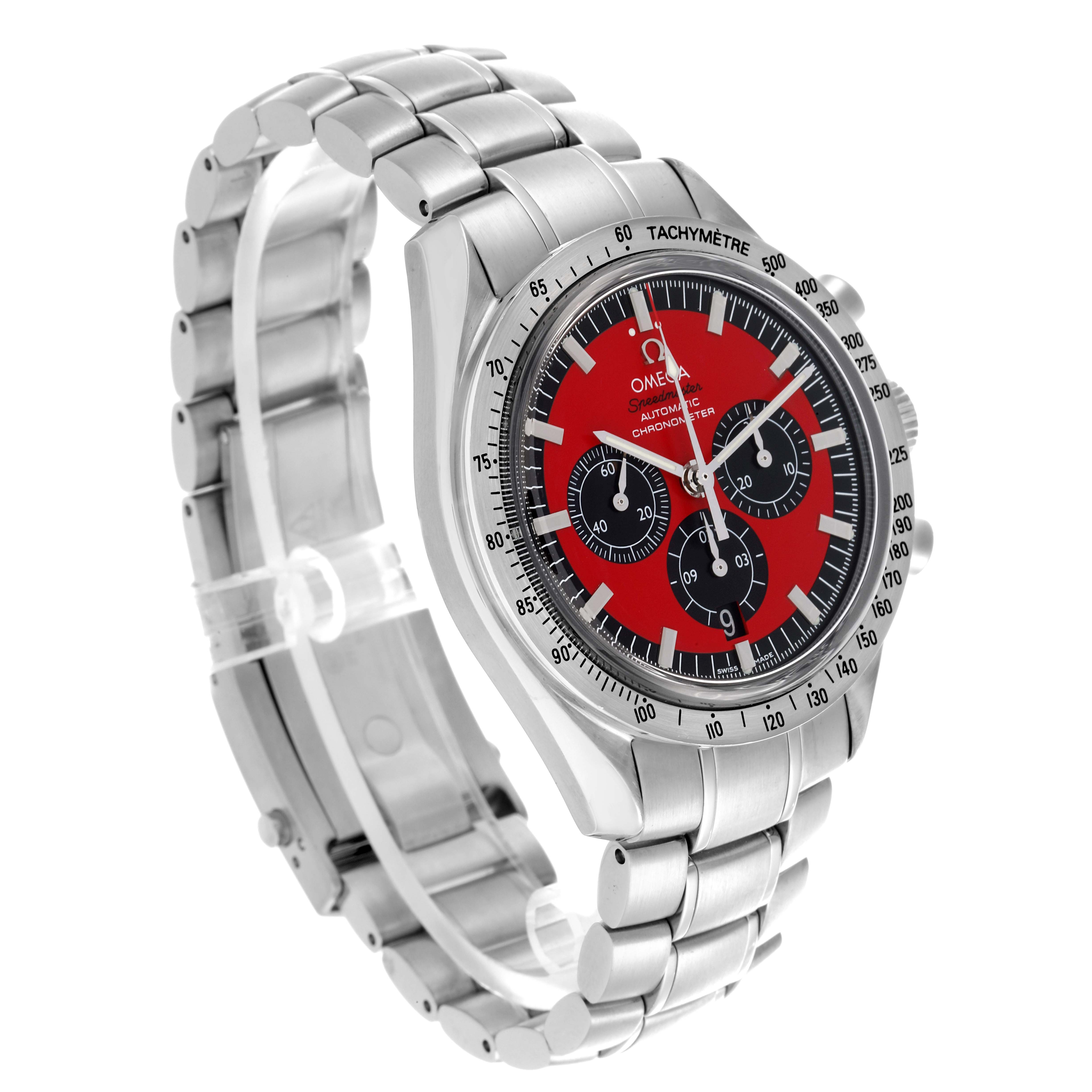 The Omega Speedmaster 3506.61.00 Men
s Stainless Steel Red Dial 3506.61.00 Men
s Stainless Steel Red Dial is shown at a slight angle, highlighting the face, bezel, and bracelet.
