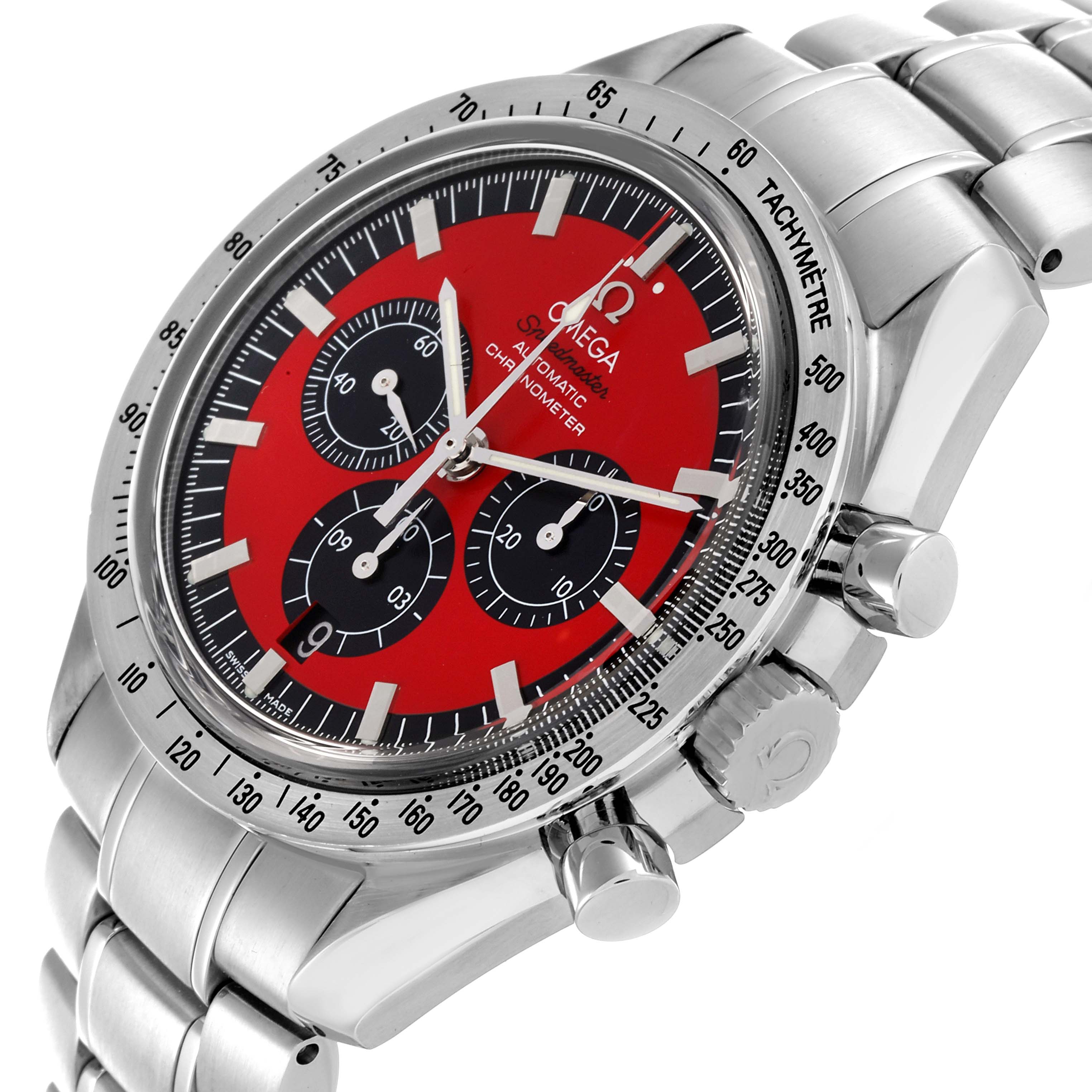 The Omega Speedmaster 3506.61.00 Men
s Stainless Steel Red Dial 3506.61.00 Men
s Stainless Steel Red Dial watch is shown at a slight angle, highlighting the red dial, tachymeter bezel, and stainless steel bracelet.