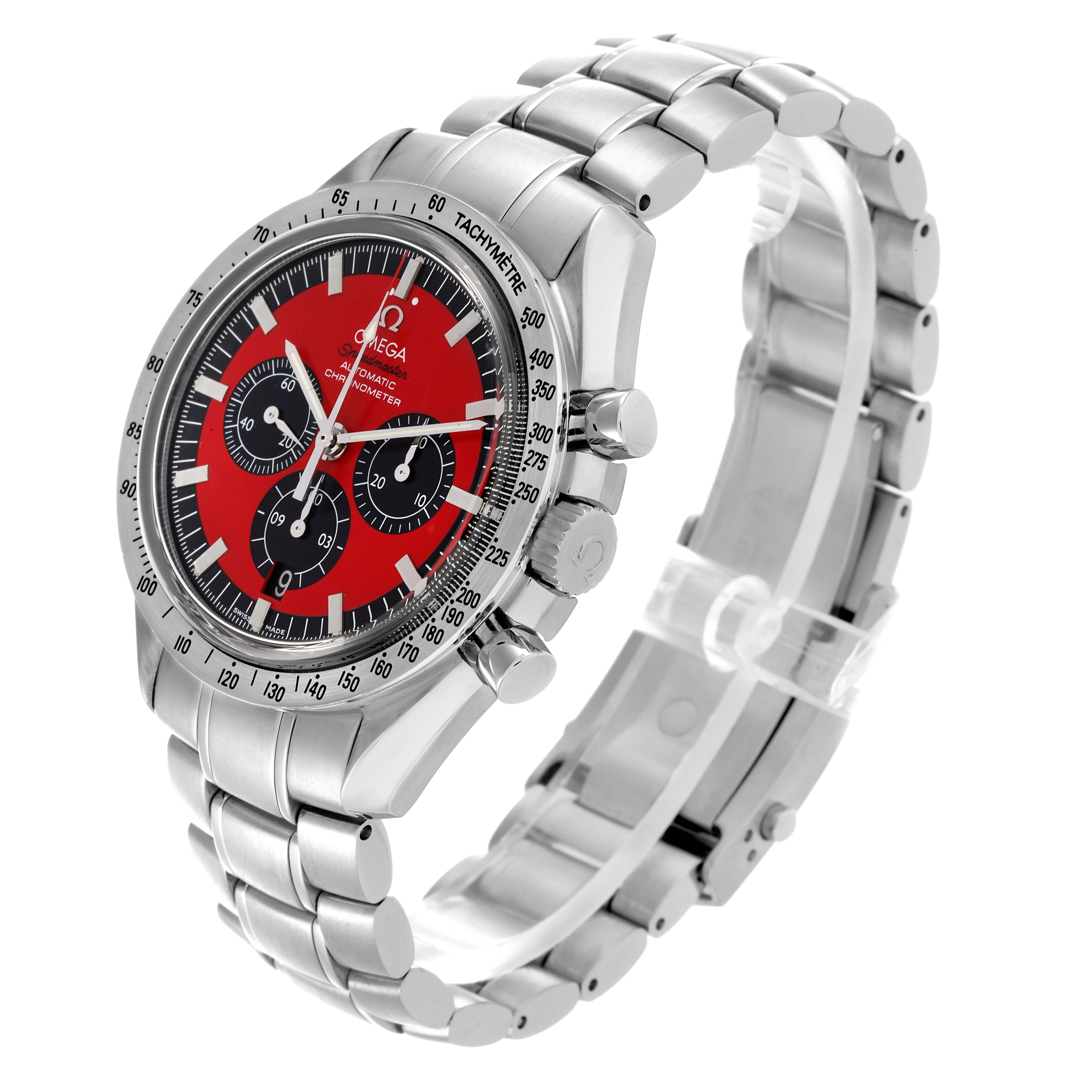 The Omega Speedmaster 3506.61.00 Men
s Stainless Steel Red Dial 3506.61.00 Men
s Stainless Steel Red Dial watch is shown at a three-quarter angle, highlighting the face, bezel, bracelet, and crown.