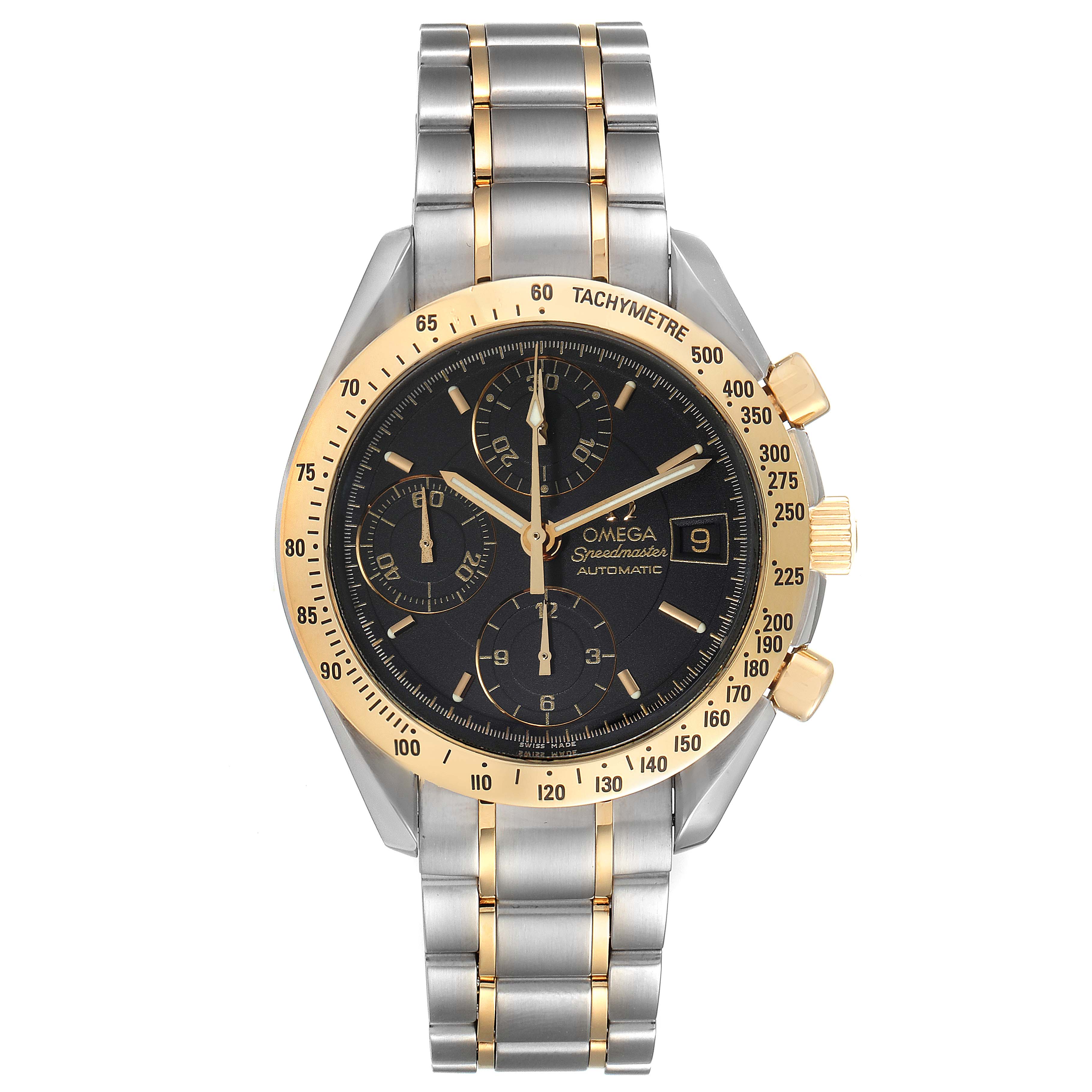 The image shows a front view of the Omega Speedmaster 3313.50.00 Men's Steel and Gold (two tone) Black Dial 3313.50.00 Men's Steel and Gold (two tone) Black Dial watch displaying the dial, tachymeter bezel, and two-tone bracelet.