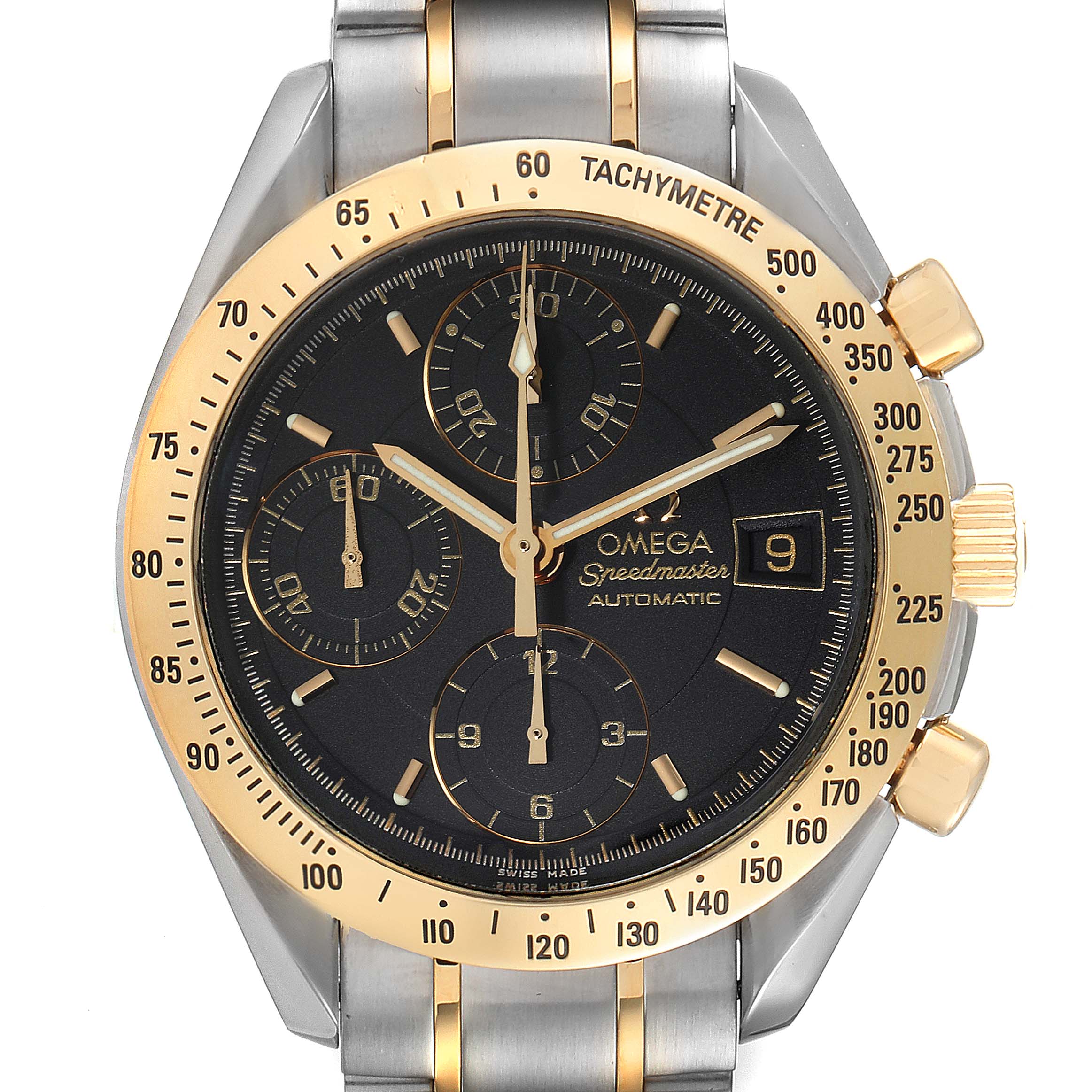 This Omega Speedmaster 3313.50.00 Men's Steel and Gold (two tone) Black Dial 3313.50.00 Men's Steel and Gold (two tone) Black Dial watch is shown from the front, displaying its dial, bezel, pushers, crown, and part of the bracelet.