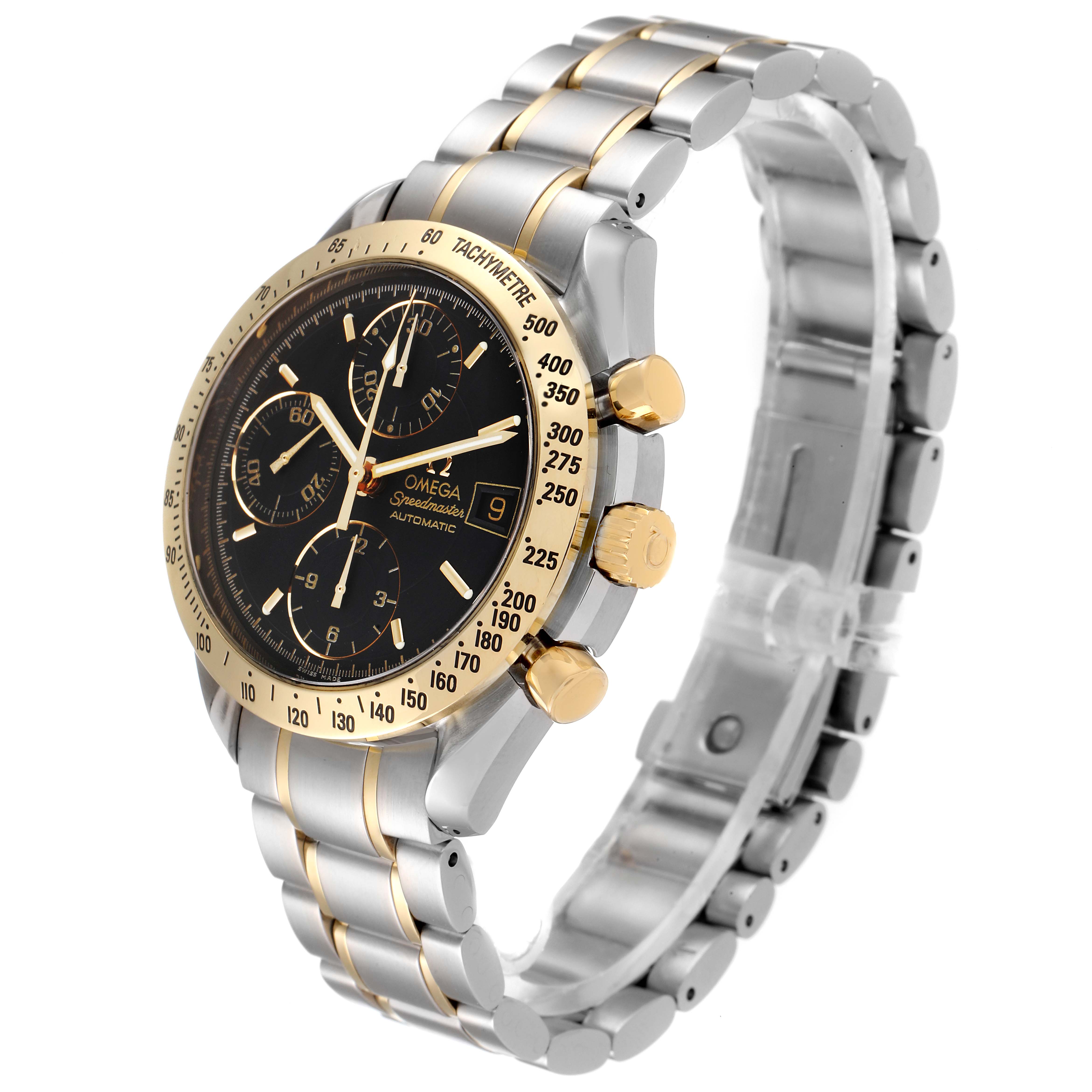 The image shows an Omega Speedmaster 3313.50.00 Men's Steel and Gold (two tone) Black Dial 3313.50.00 Men's Steel and Gold (two tone) Black Dial watch at a three-quarter angle, displaying the face, bezel, crown, pushers, and bracelet.