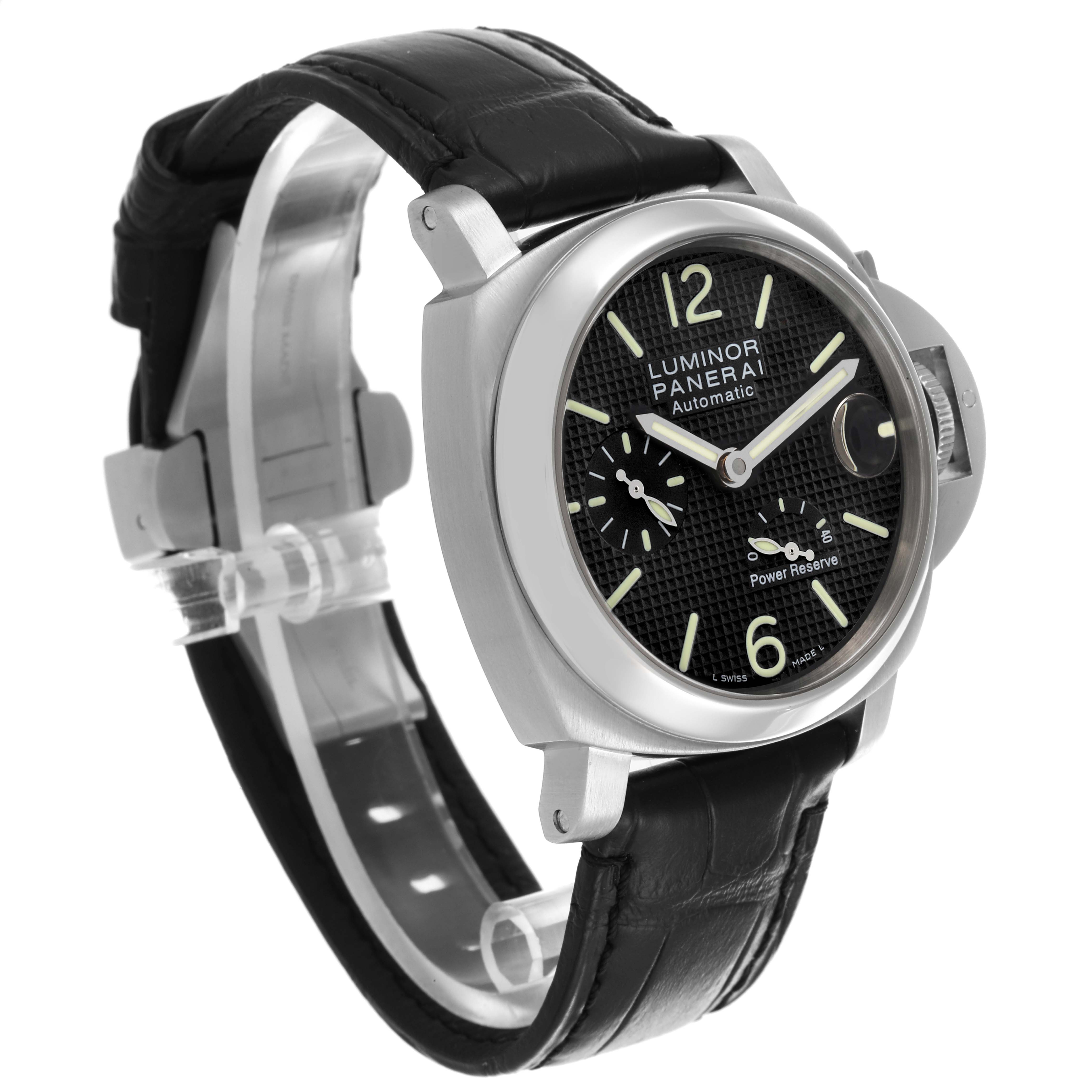 The Panerai Luminor PAM00241 Men's Stainless Steel Black Dial PAM00241 Men's Stainless Steel Black Dial watch is shown at a front-side angle, displaying the dial, case, lugs, and strap.