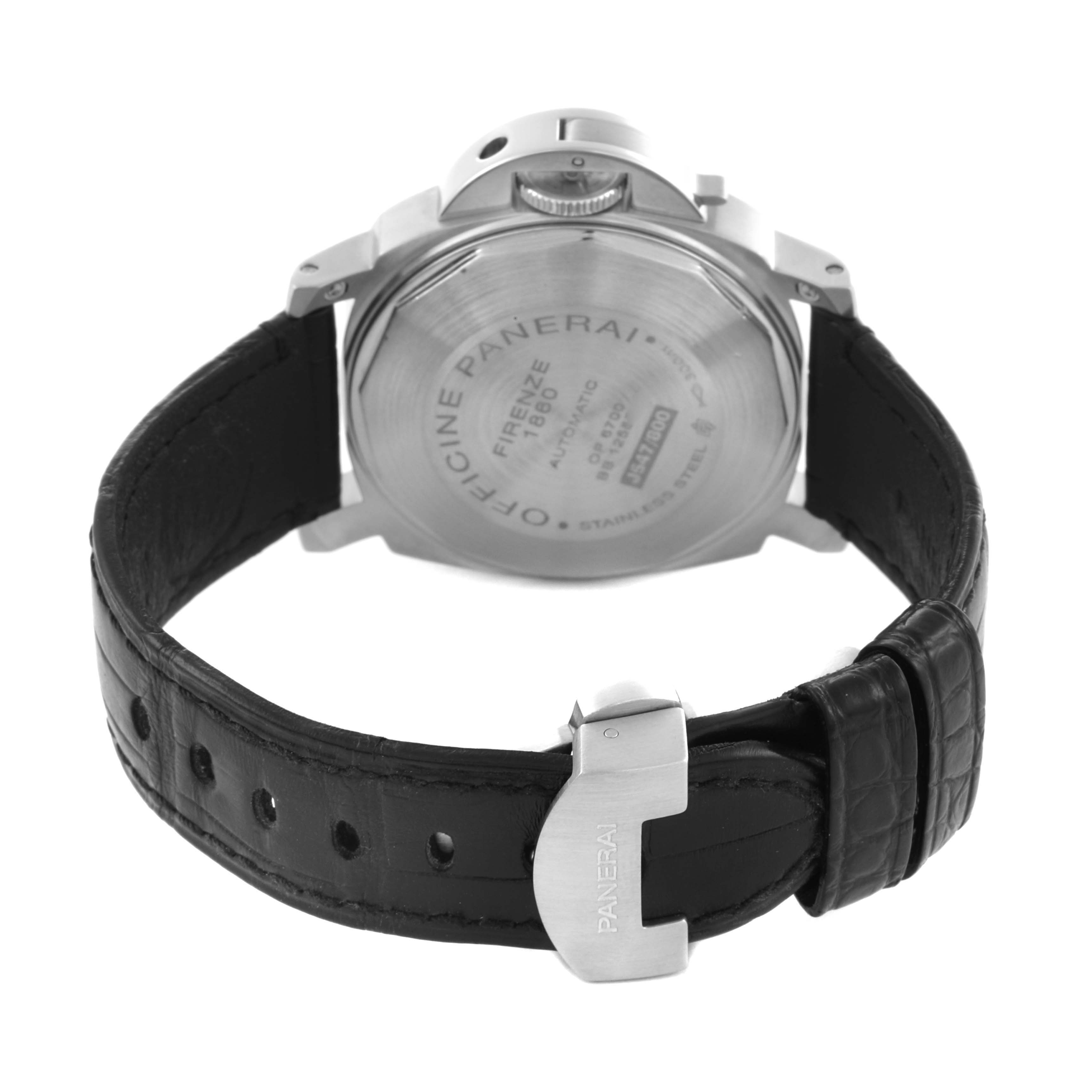 This image shows the back and buckle of a Panerai Luminor PAM00241 Men's Stainless Steel Black Dial PAM00241 Men's Stainless Steel Black Dial watch, highlighting its casing and leather strap.