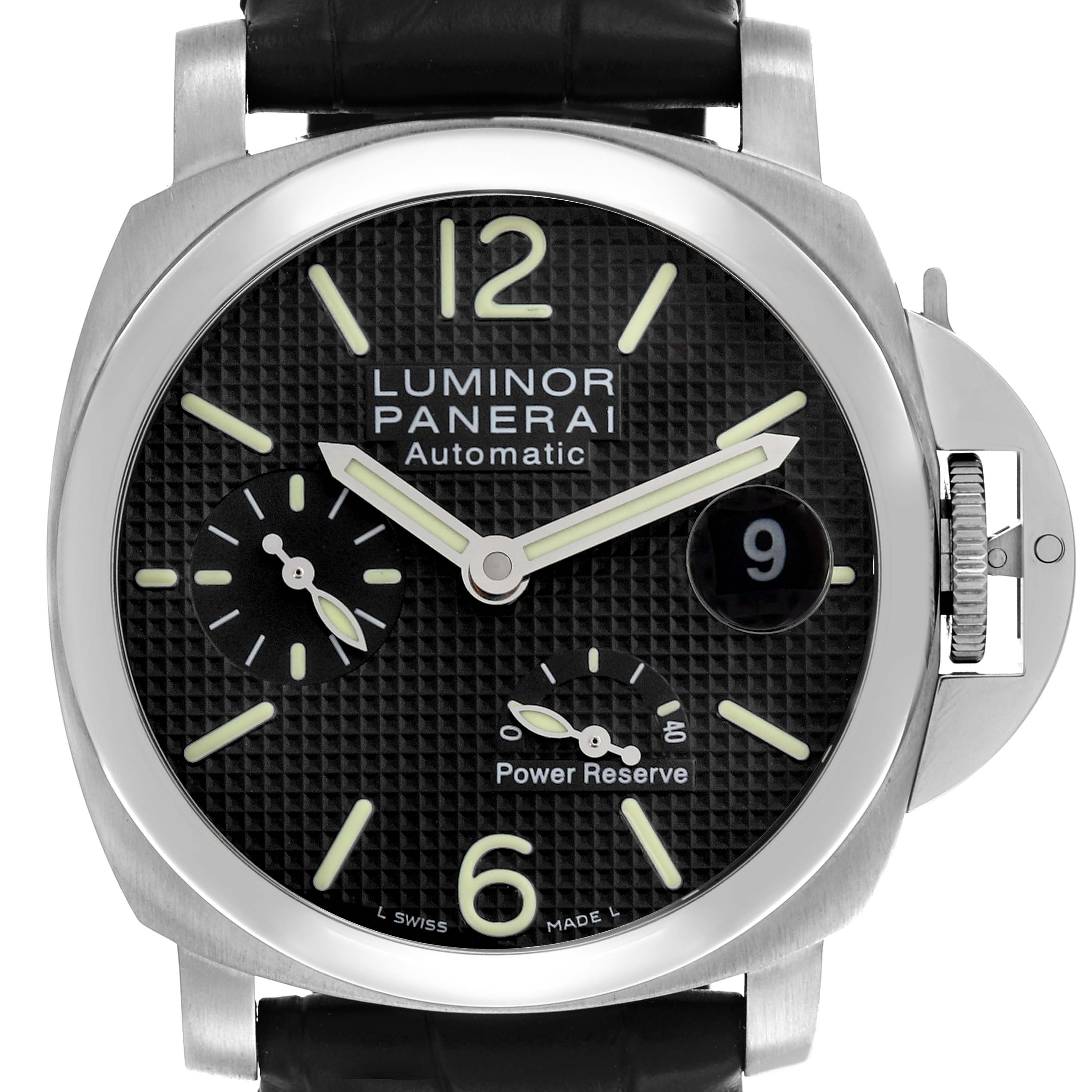 The Panerai Luminor PAM00241 Men's Stainless Steel Black Dial PAM00241 Men's Stainless Steel Black Dial watch is shown from a front angle, featuring the dial, crown guard, and power reserve indicator.