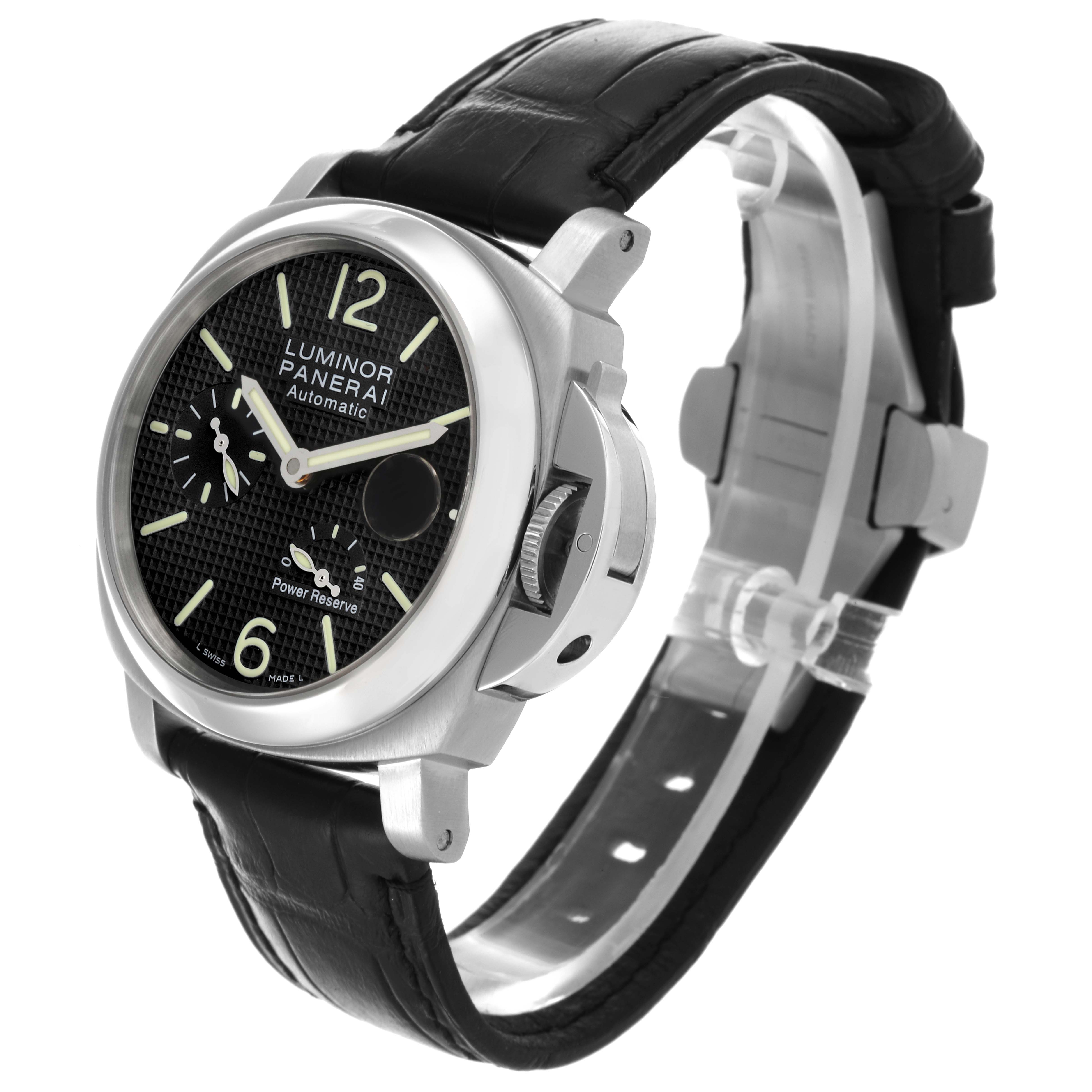 The image shows a Panerai Luminor PAM00241 Men's Stainless Steel Black Dial PAM00241 Men's Stainless Steel Black Dial model at a three-quarter angle highlighting the face, crown guard, and leather strap.