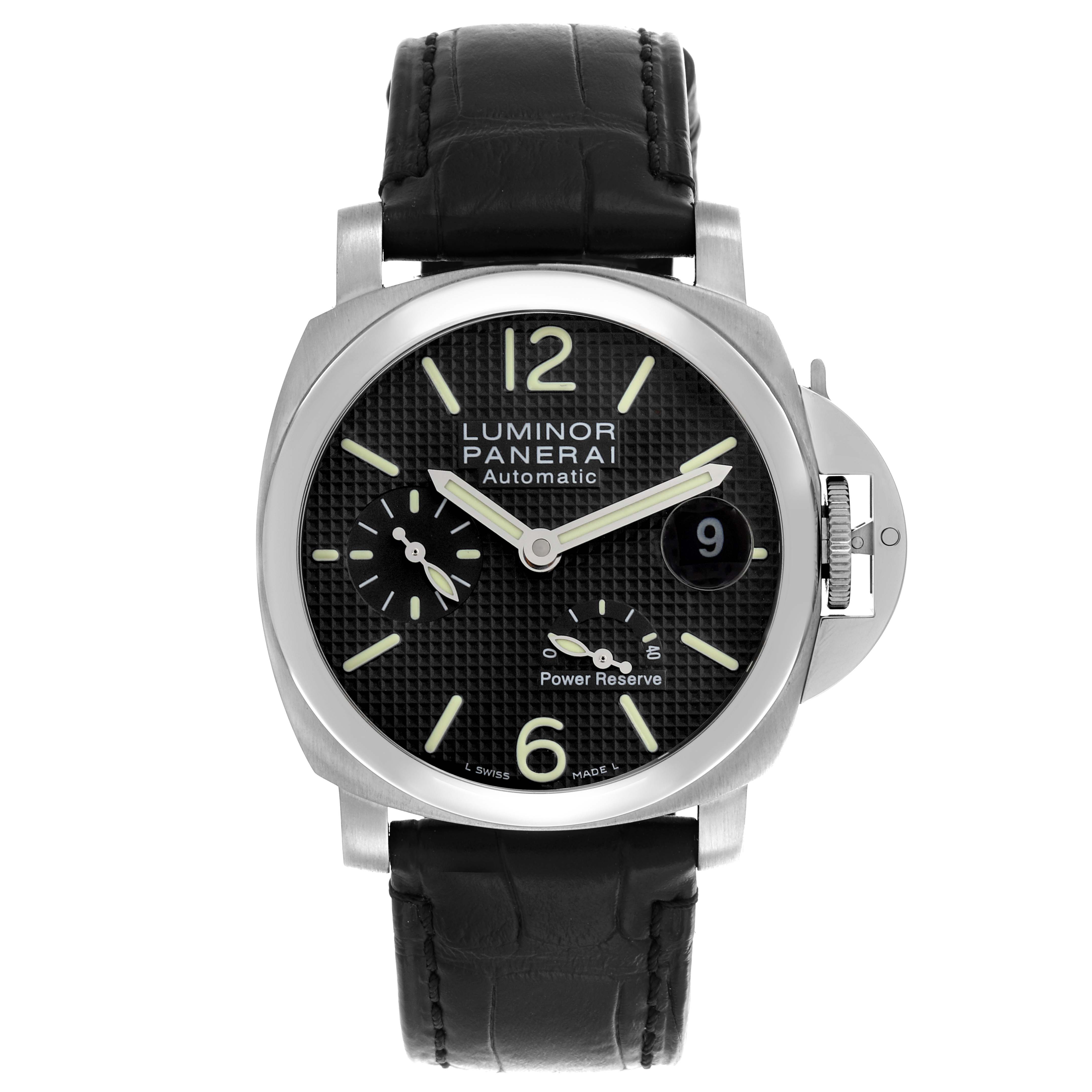 The image shows the Panerai Luminor PAM00241 Men's Stainless Steel Black Dial PAM00241 Men's Stainless Steel Black Dial watch from a front view, displaying the dial, numerals, and strap clearly.