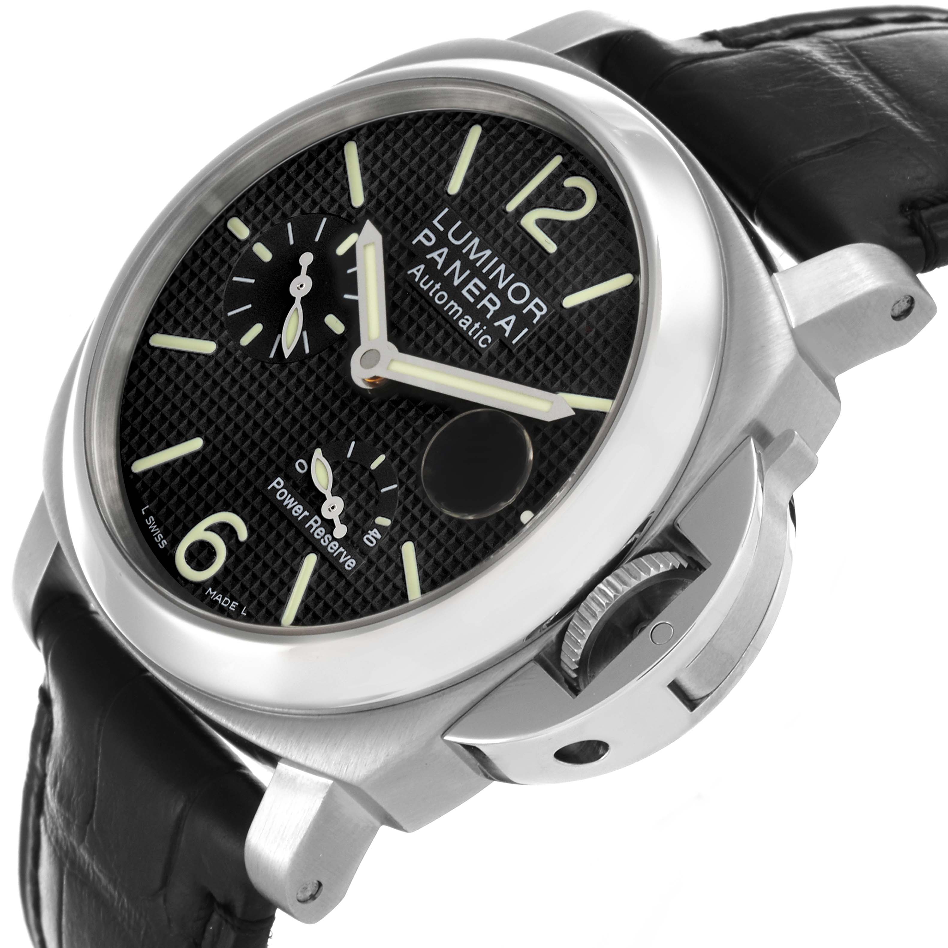 The Panerai Luminor PAM00241 Men's Stainless Steel Black Dial PAM00241 Men's Stainless Steel Black Dial watch is shown from a side angle, highlighting the dial, case, crown guard, and strap.
