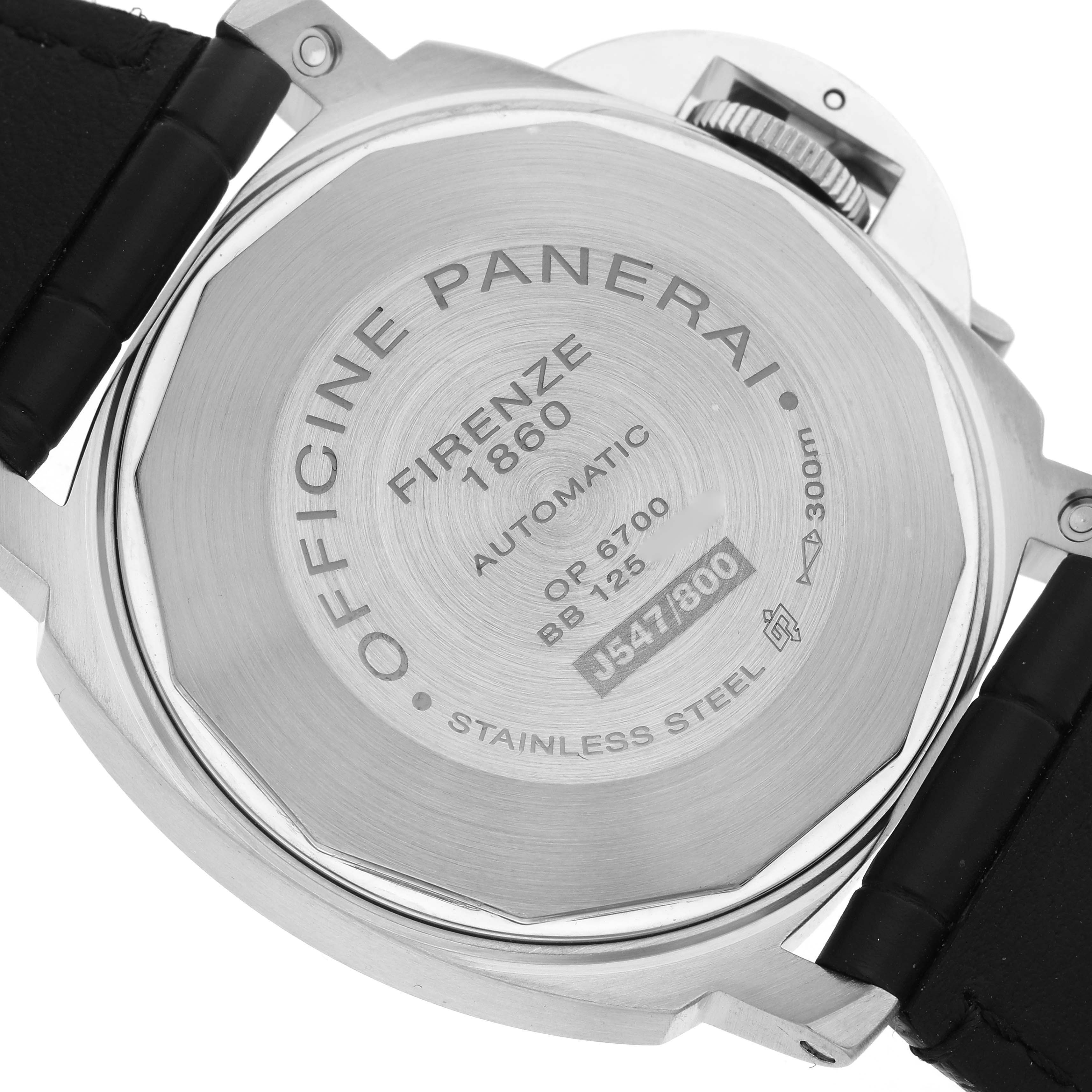 The image shows the back of the Panerai Luminor PAM00241 Men's Stainless Steel Black Dial PAM00241 Men's Stainless Steel Black Dial watch, highlighting its engraved case and crown guard.