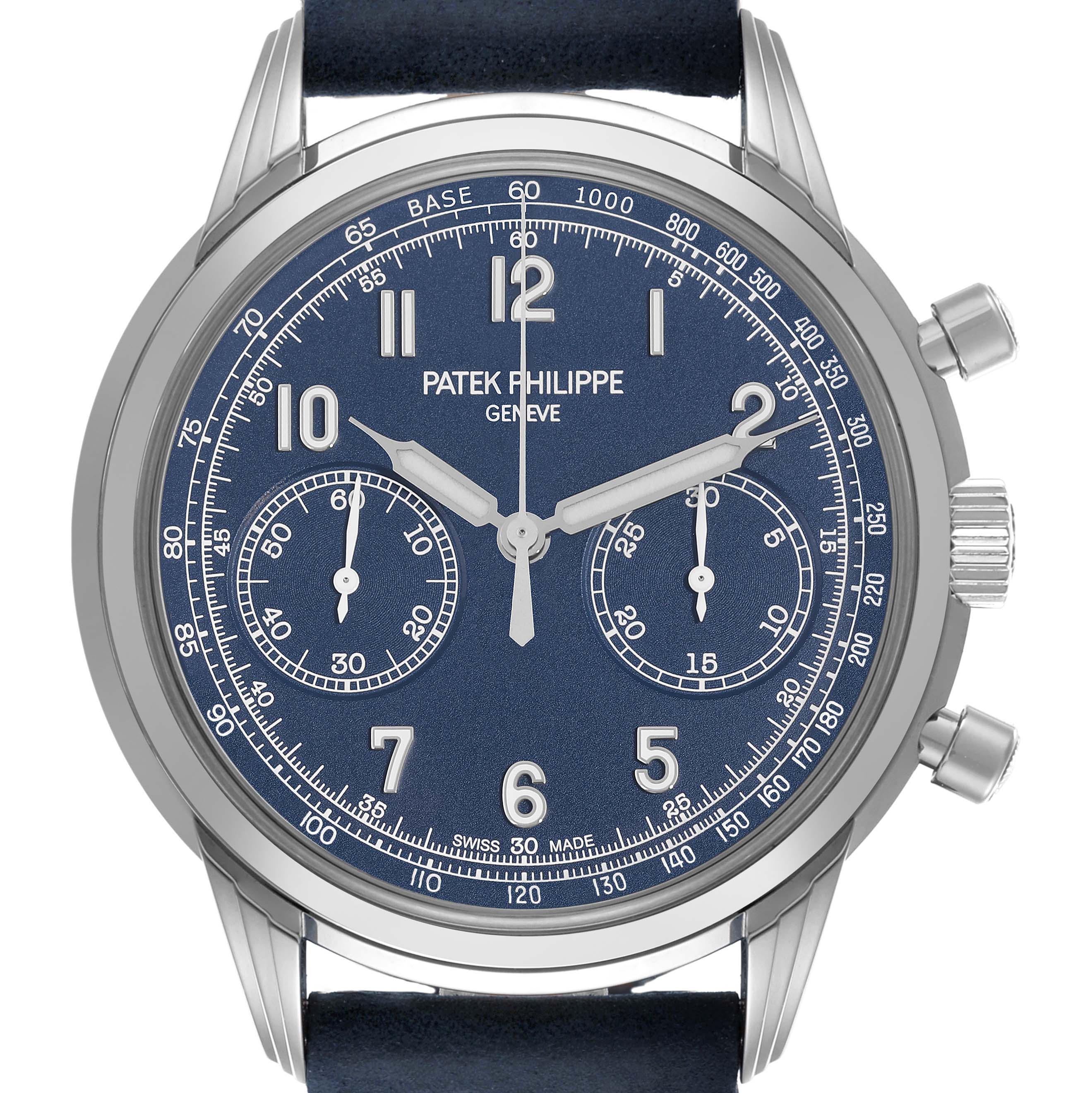 The Patek Philippe Complications 5172G-001 Men's White Gold Blue Dial 5172G-001 Men's White Gold Blue Dial watch is shown from the front, displaying the dial, hands, subdials, and pushers.