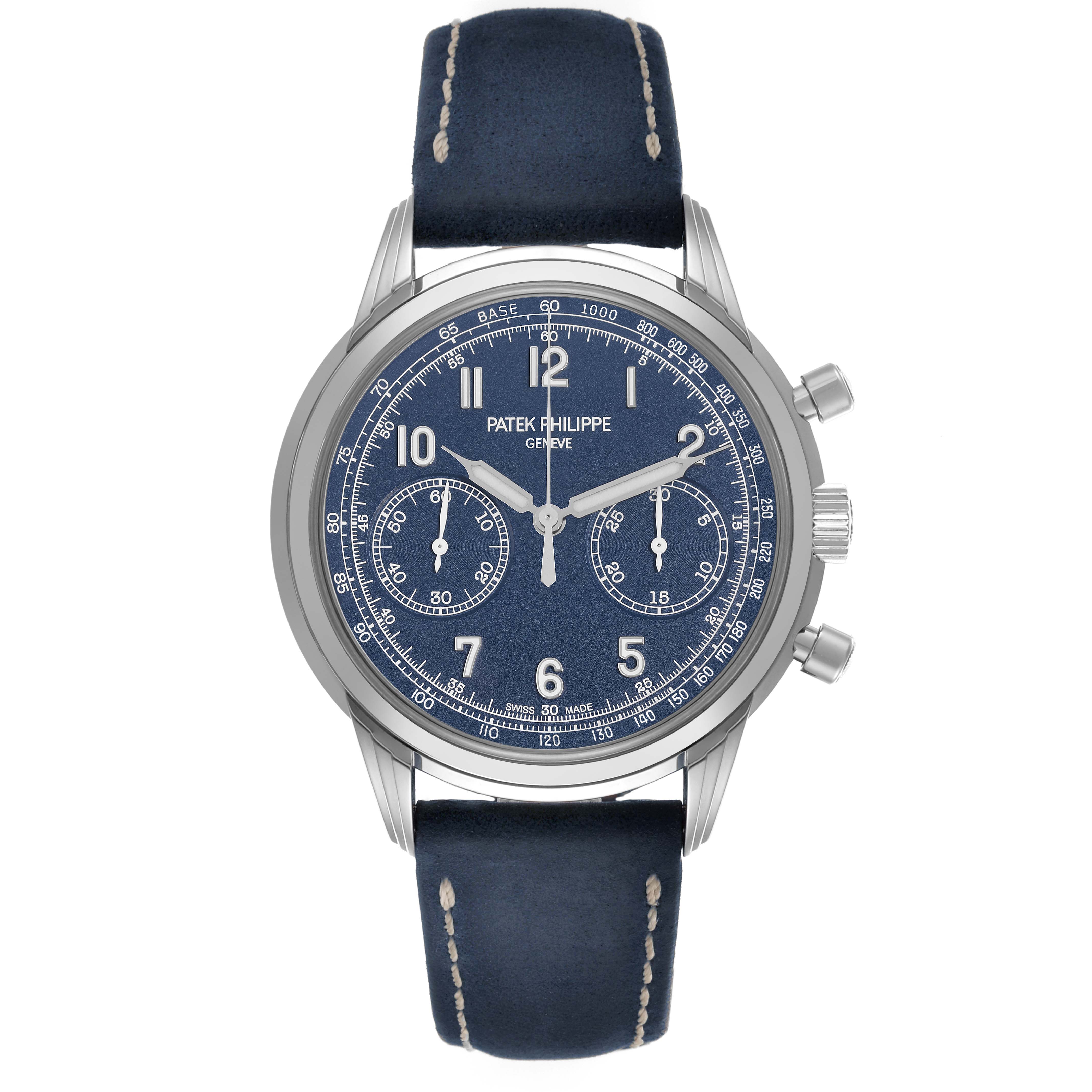 The Patek Philippe Complications 5172G-001 Men's White Gold Blue Dial 5172G-001 Men's White Gold Blue Dial watch is shown from the front, displaying its face, dial, and leather strap.