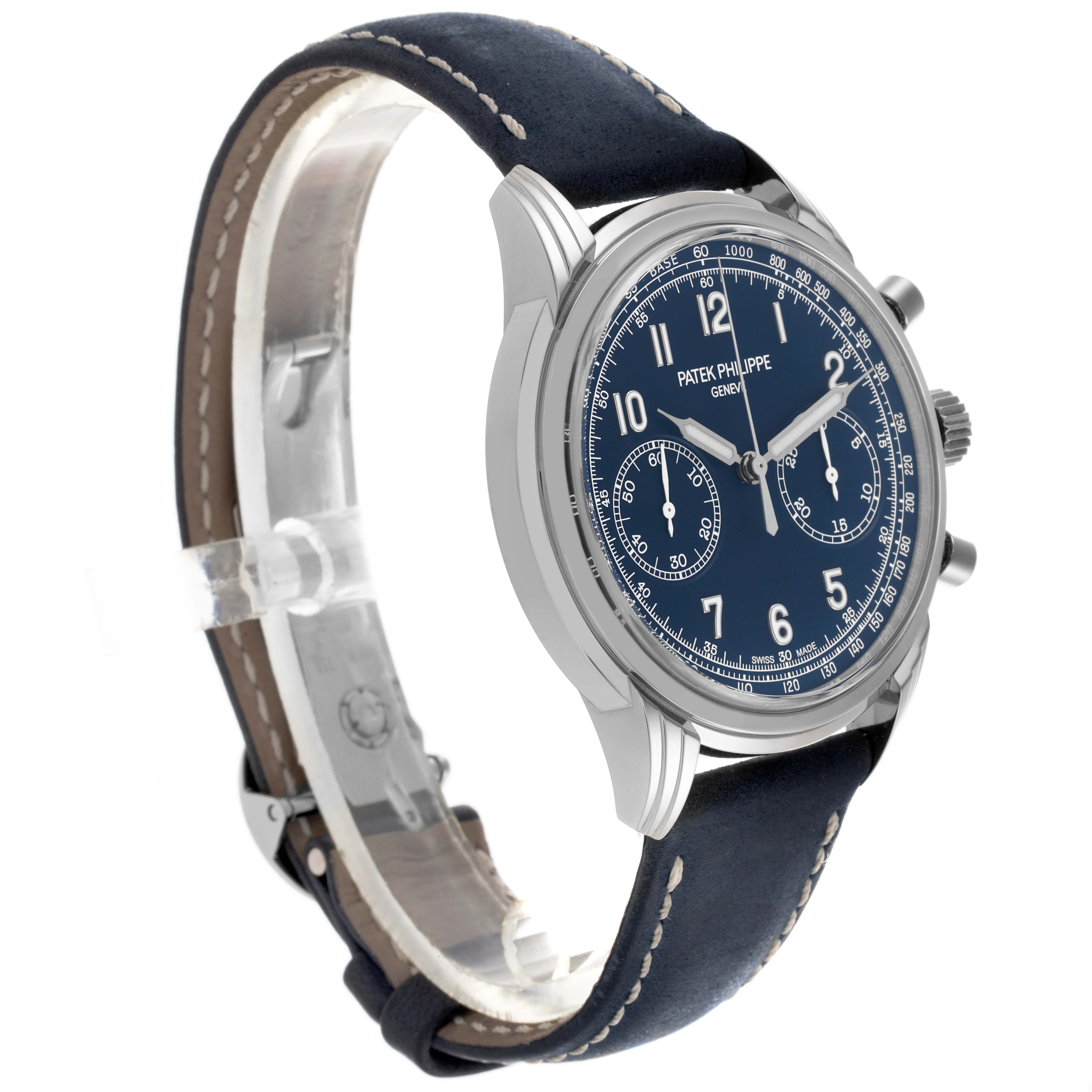 The Patek Philippe Complications 5172G-001 Men's White Gold Blue Dial 5172G-001 Men's White Gold Blue Dial model is shown at a side angle, highlighting the blue dial, subdials, case, and leather strap.