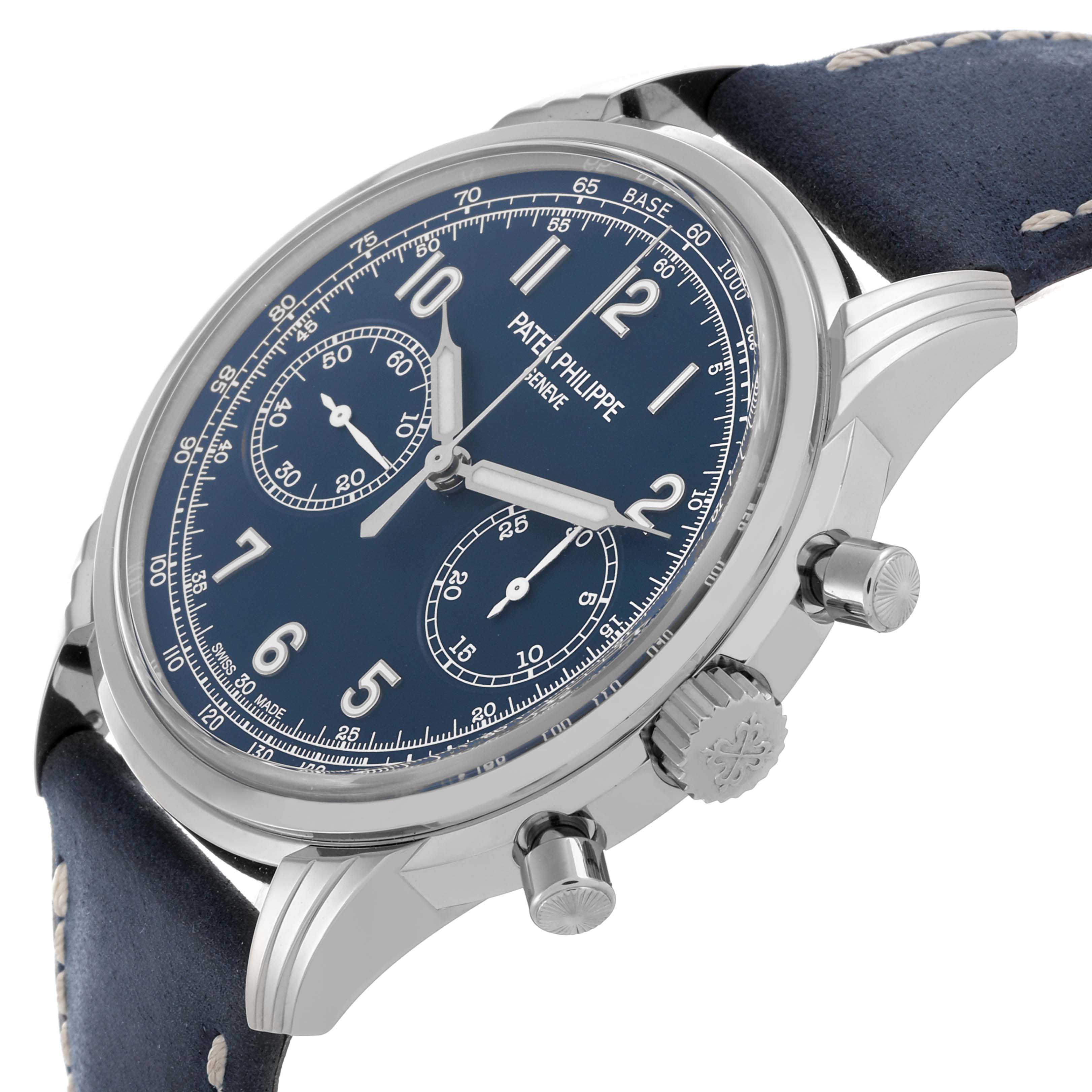 The Patek Philippe Complications 5172G-001 Men's White Gold Blue Dial 5172G-001 Men's White Gold Blue Dial watch is shown at a side angle, highlighting the face, pushers, and crown.