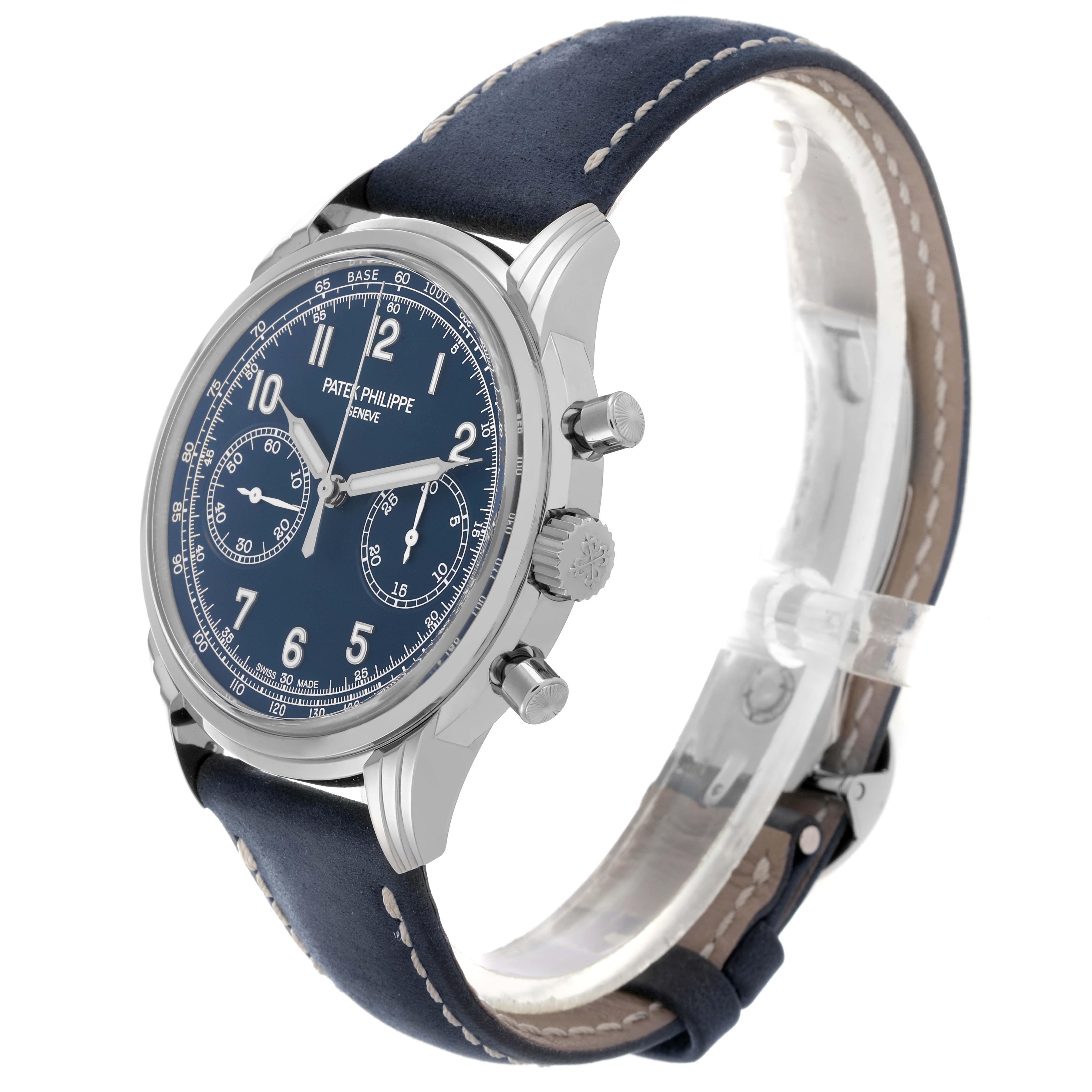 The Patek Philippe Complications 5172G-001 Men's White Gold Blue Dial 5172G-001 Men's White Gold Blue Dial watch is shown from a side angle, displaying the case, dial, crown, pushers, and strap.