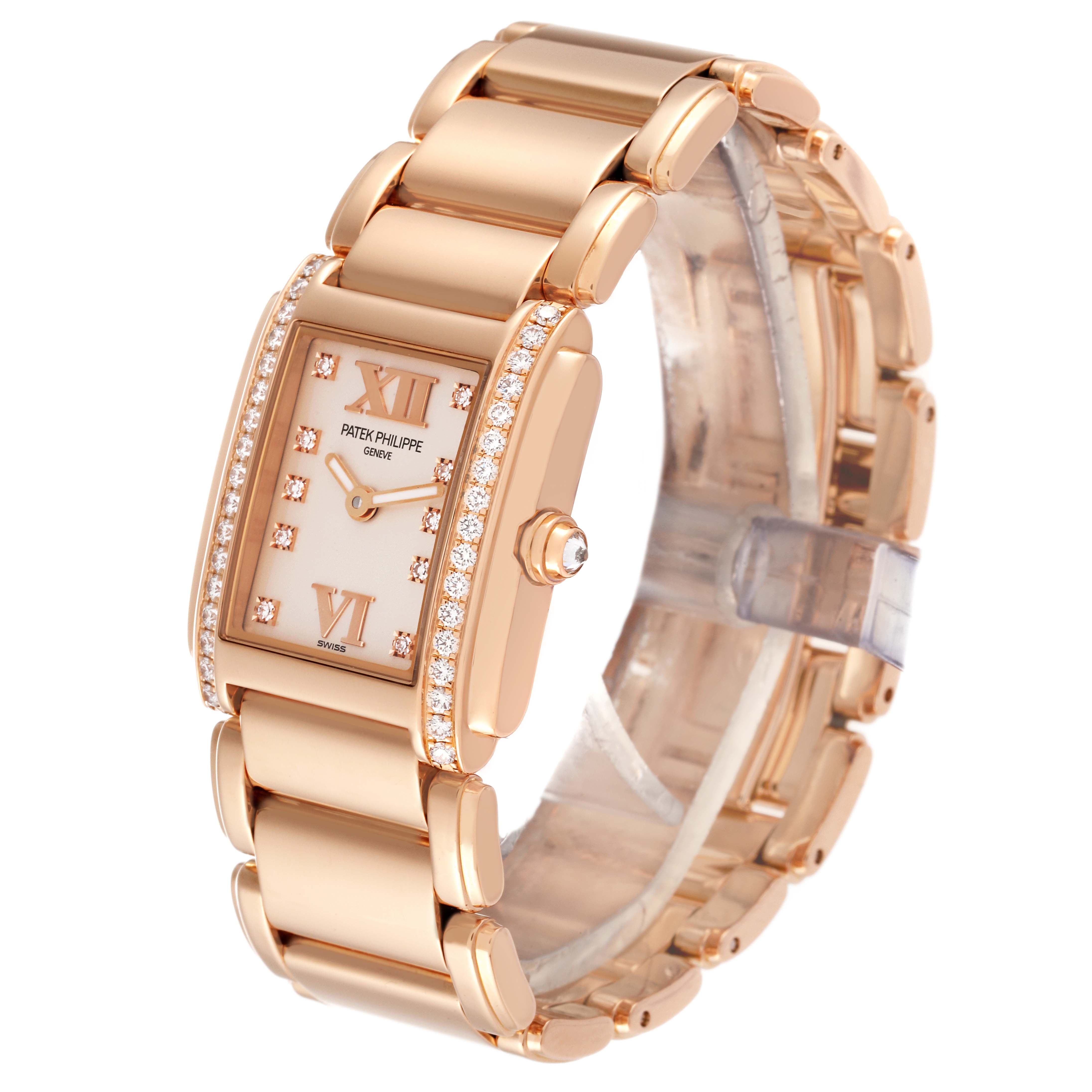 The image shows a Patek Philippe Twenty-4 4908/11R Women's Rose Gold Silver Dial 4908/11R Women's Rose Gold Silver Dial model watch at a slight angle, highlighting the dial, diamond-set bezel, and bracelet.