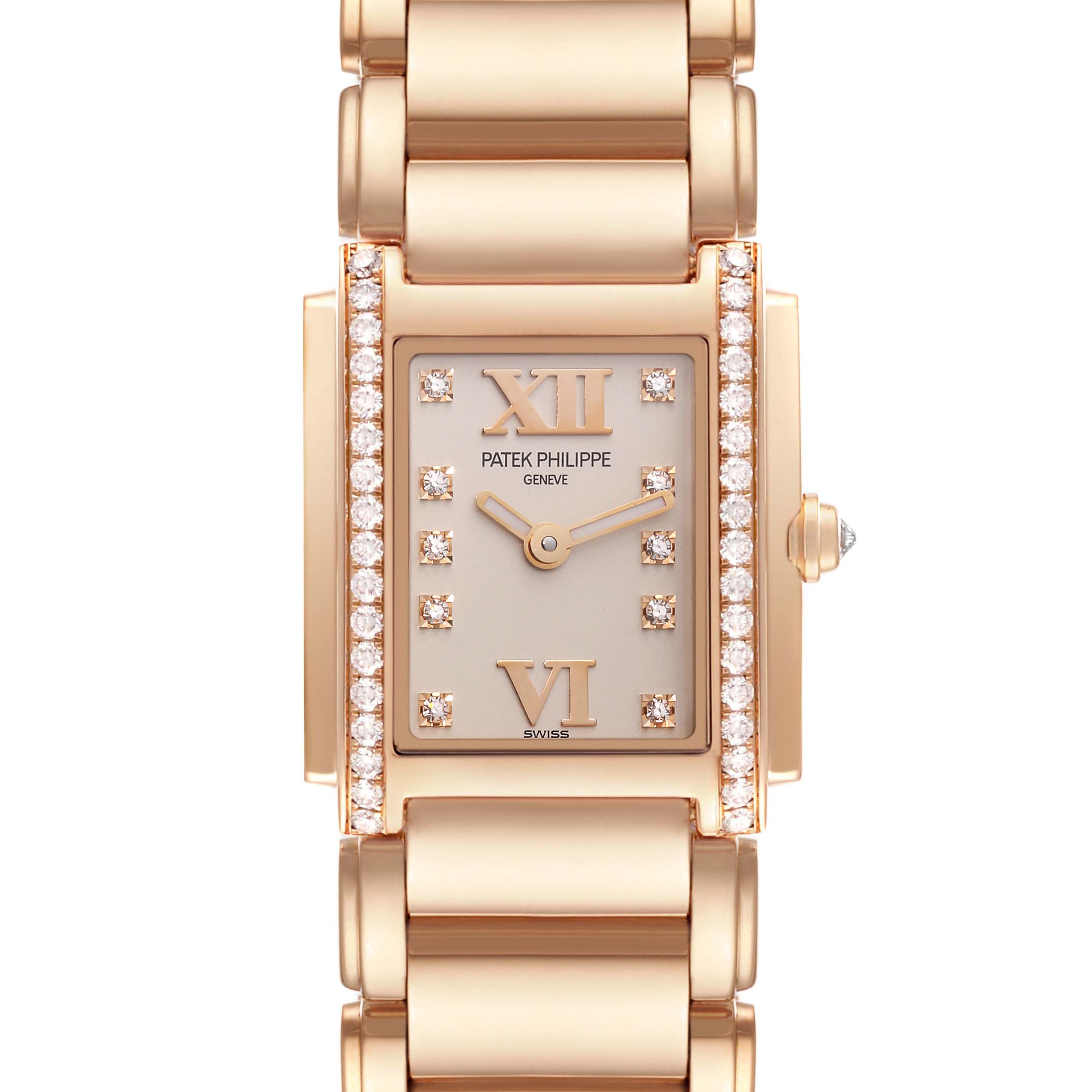 The image shows a frontal view of the Patek Philippe Twenty-4 4908/11R Women's Rose Gold Silver Dial 4908/11R Women's Rose Gold Silver Dial model watch, displaying its rectangular face, diamond accents, and metal bracelet.