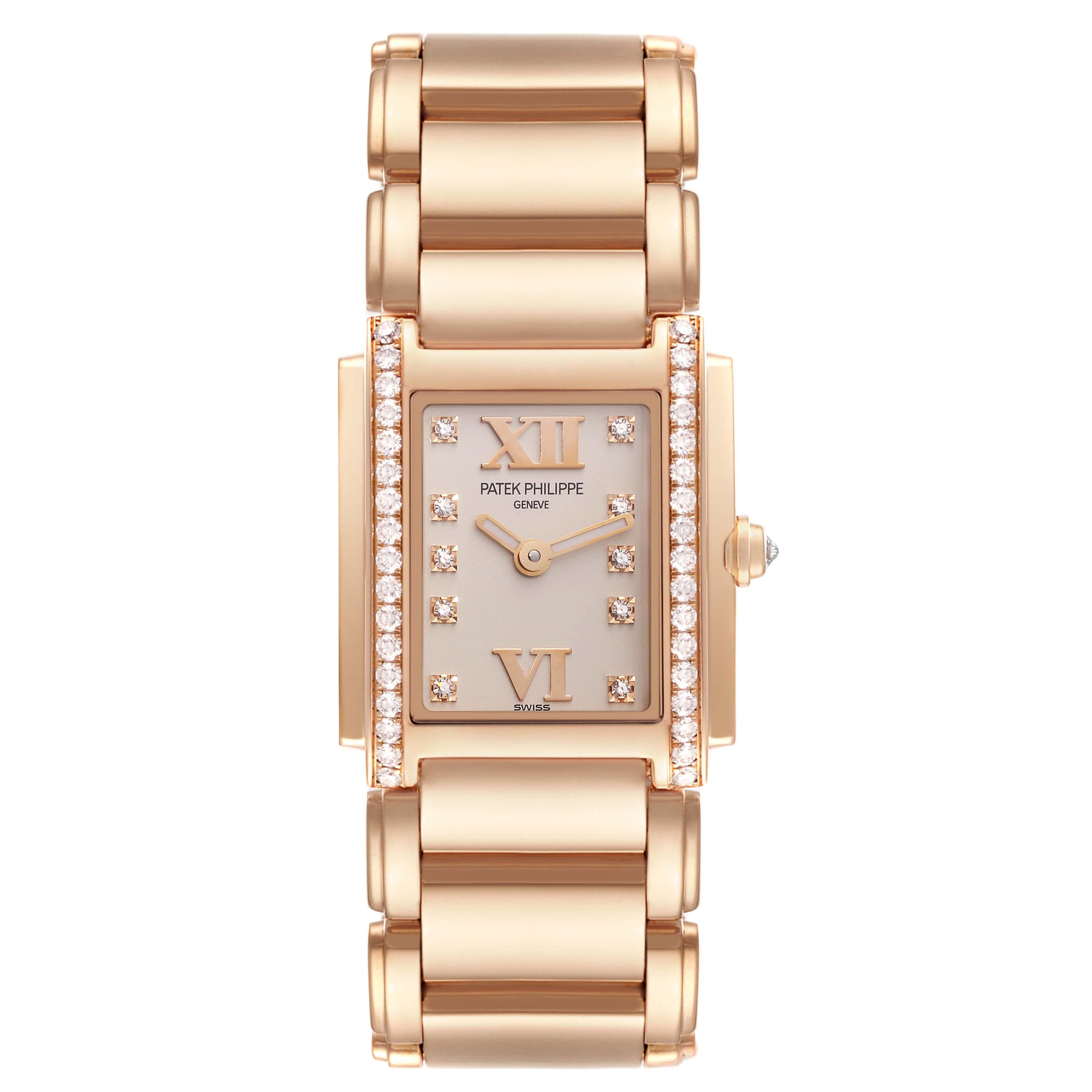 The image shows a front view of a Patek Philippe Twenty-4 4908/11R Women's Rose Gold Silver Dial 4908/11R Women's Rose Gold Silver Dial watch, highlighting its rectangular face, diamond accents, and metal bracelet.