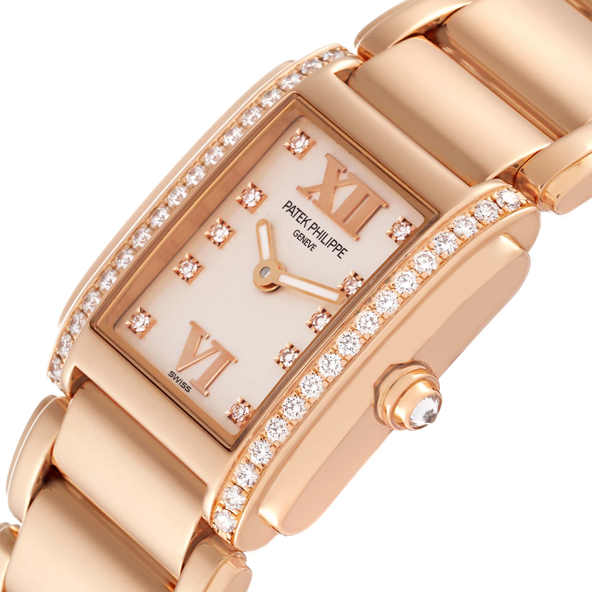 The image shows a close-up angled view of the Patek Philippe Twenty-4 4908/11R Women's Rose Gold Silver Dial 4908/11R Women's Rose Gold Silver Dial watch, highlighting its diamond-encrusted bezel and rose gold finish.