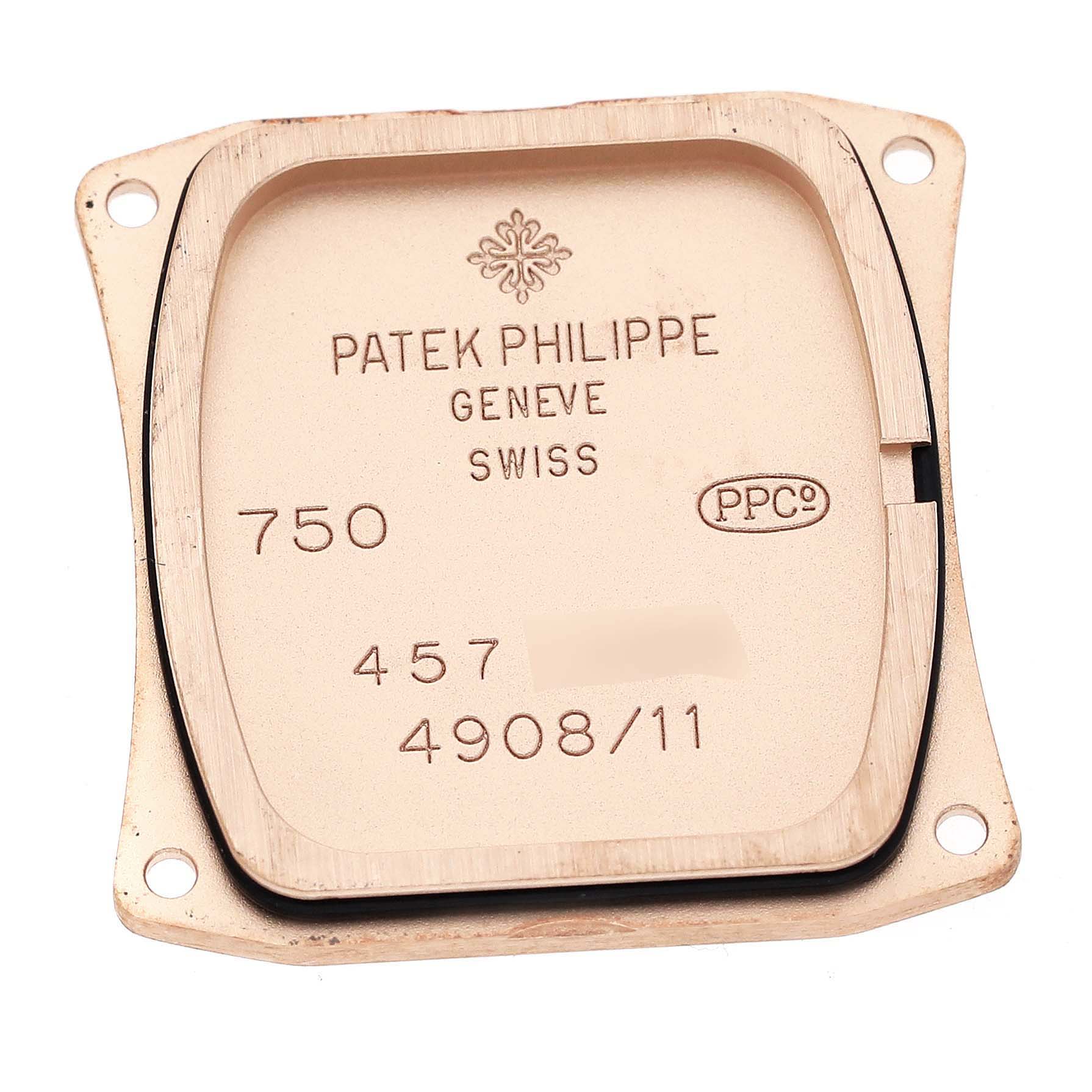 The image shows the back case of a Patek Philippe Twenty-4 4908/11R Women's Rose Gold Silver Dial 4908/11R Women's Rose Gold Silver Dial watch, detailing its model and certification.