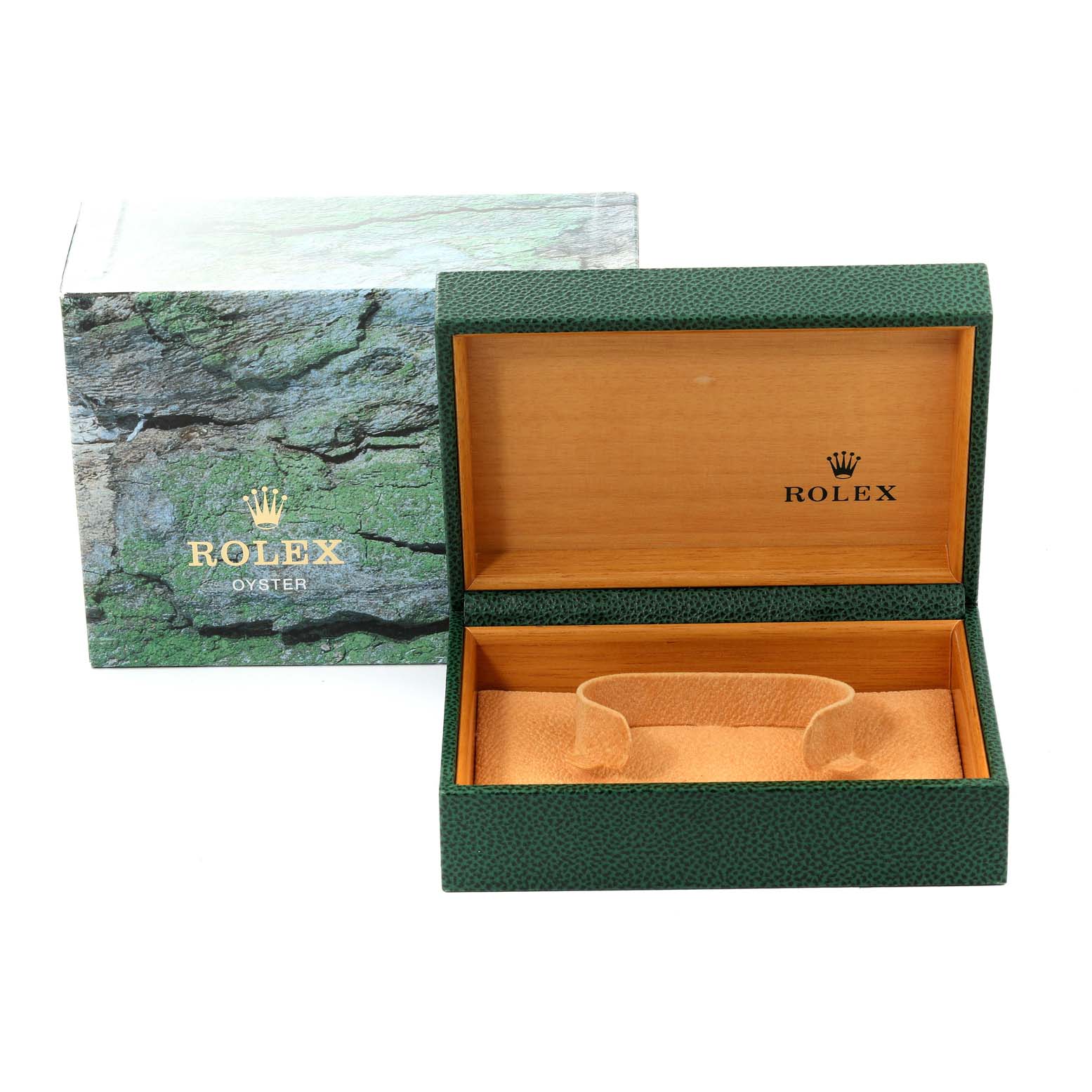 This image shows an empty Rolex Air-King 14000 Men's Stainless Steel Blue Dial 14000 Men's Stainless Steel Blue Dial watch box and its outer packaging from a frontal angle.