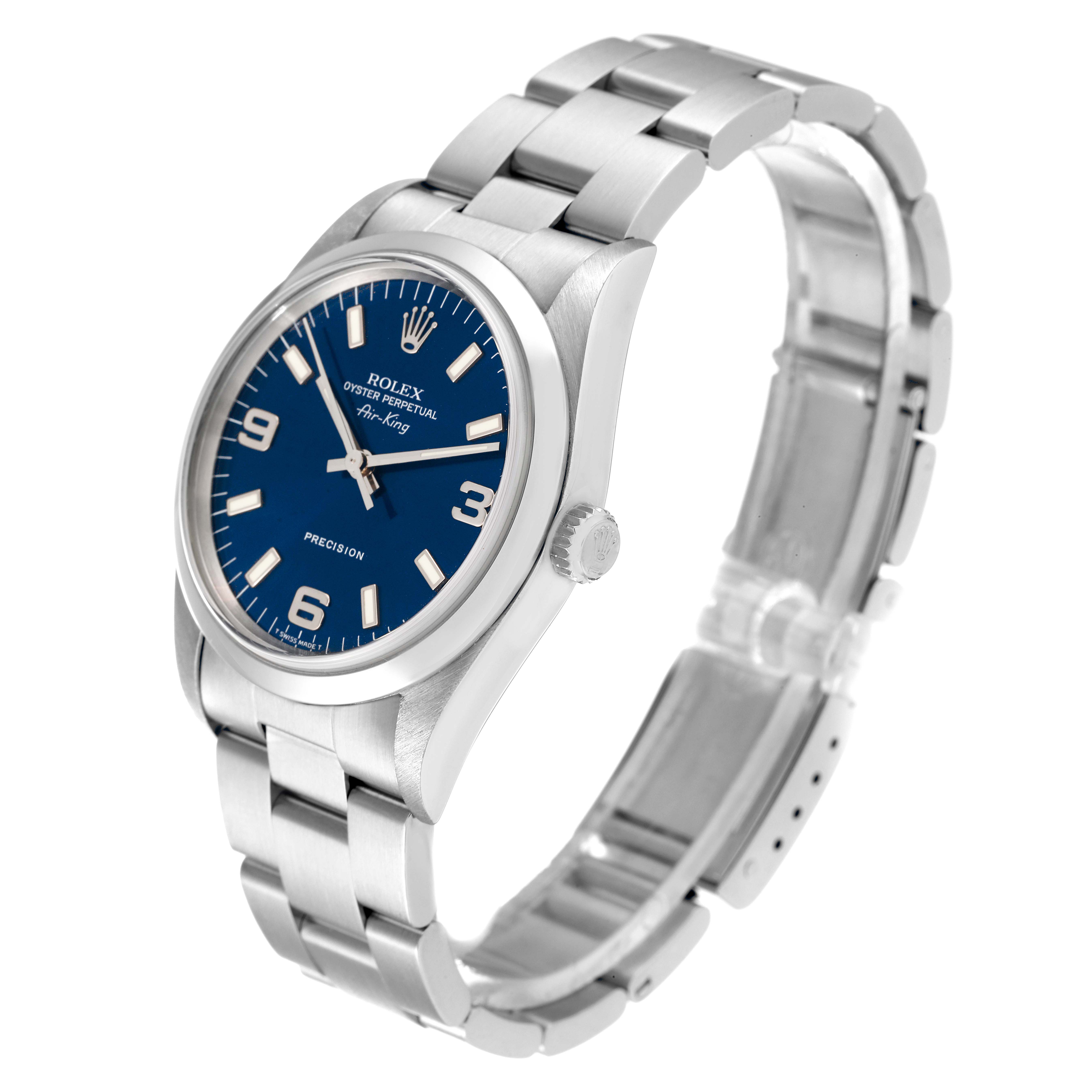 The Rolex Air-King 14000 Men's Stainless Steel Blue Dial 14000 Men's Stainless Steel Blue Dial watch is shown at a three-quarter angle, highlighting its face, bezel, crown, and bracelet.