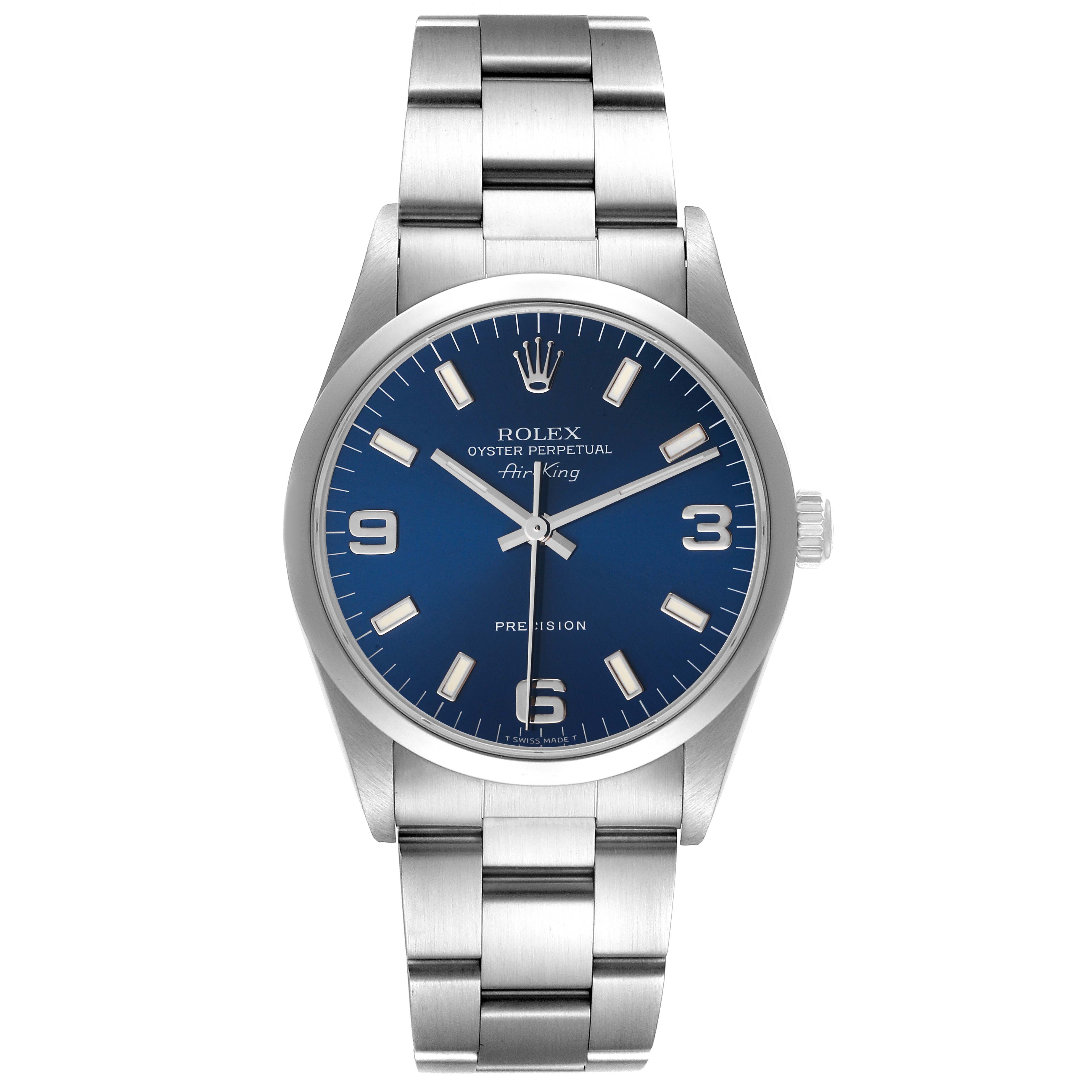 The image shows a front view of the Rolex Air-King 14000 Men's Stainless Steel Blue Dial 14000 Men's Stainless Steel Blue Dial watch, displaying its face, bezel, and metal bracelet.