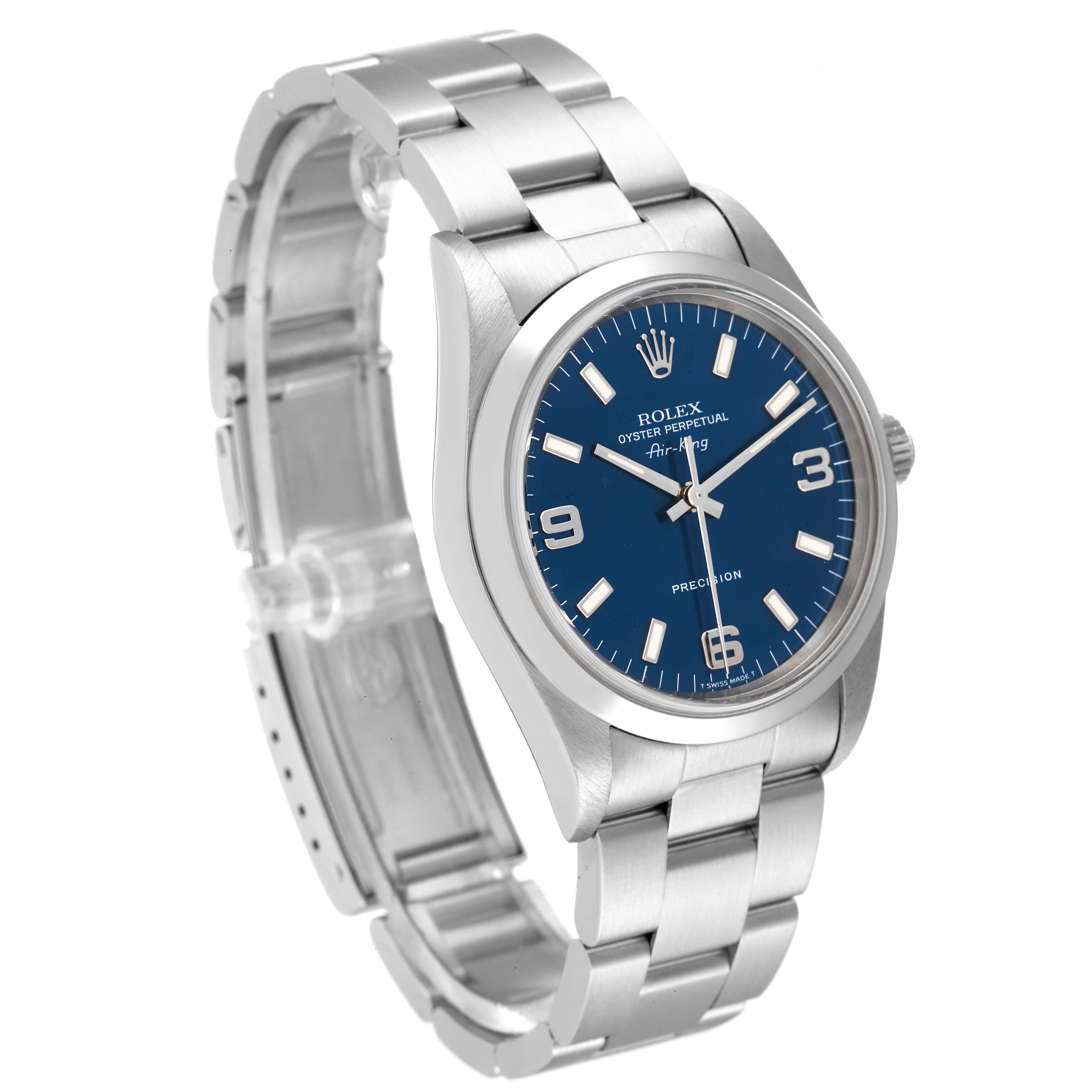 The image shows a Rolex Air-King 14000 Men's Stainless Steel Blue Dial 14000 Men's Stainless Steel Blue Dial watch from an angled side view, displaying its blue dial, stainless steel case, and bracelet.