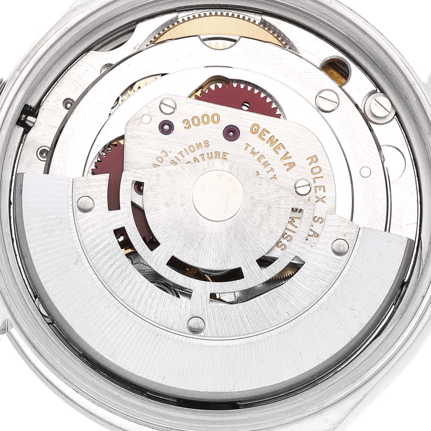 The image shows the intricate internal mechanism of a Rolex Air-King 14000 Men's Stainless Steel Blue Dial 14000 Men's Stainless Steel Blue Dial watch from a top-down angle.