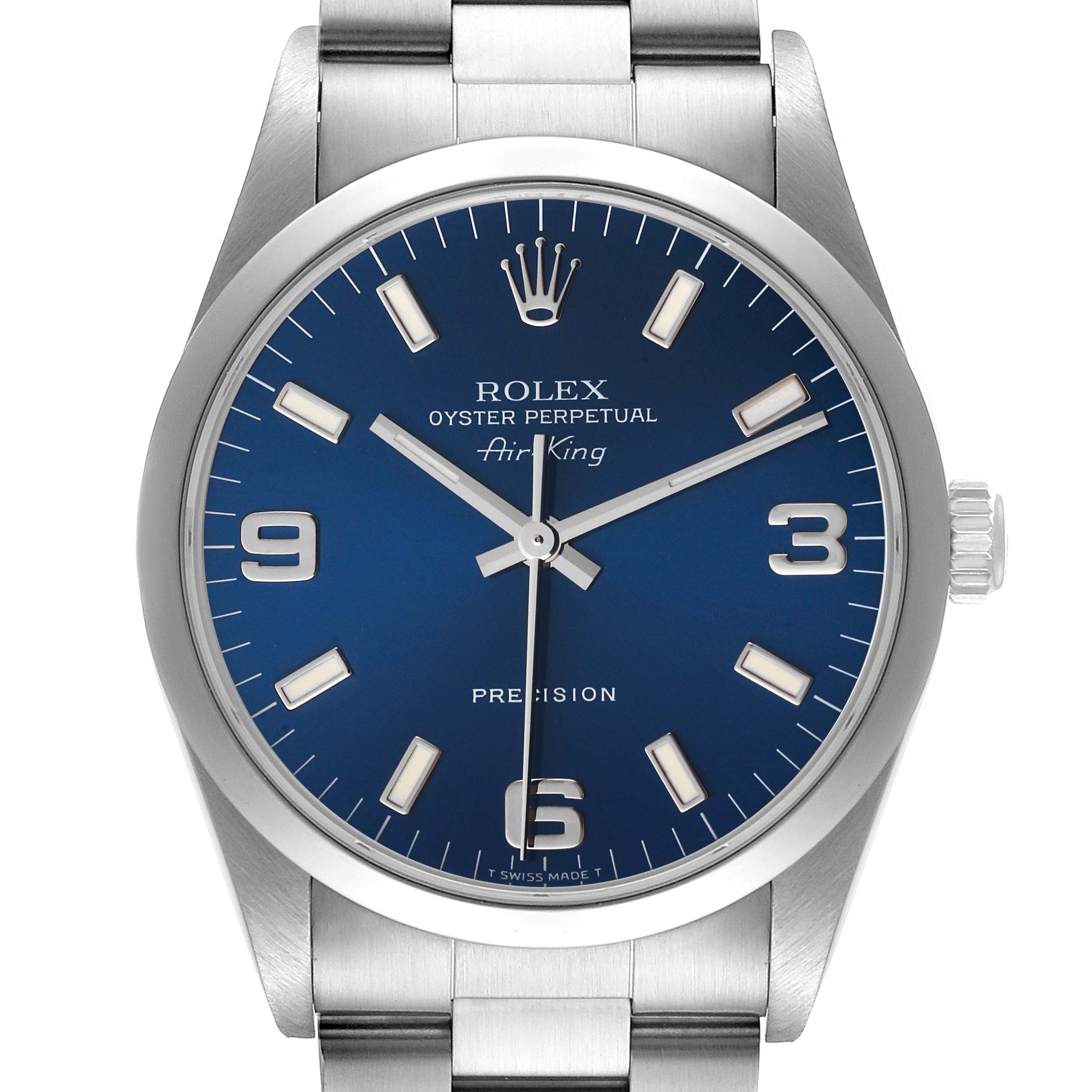 The image shows a frontal view of the Rolex Air-King 14000 Men's Stainless Steel Blue Dial 14000 Men's Stainless Steel Blue Dial watch, displaying its blue dial, hour markers, hands, crown, and part of the bracelet.