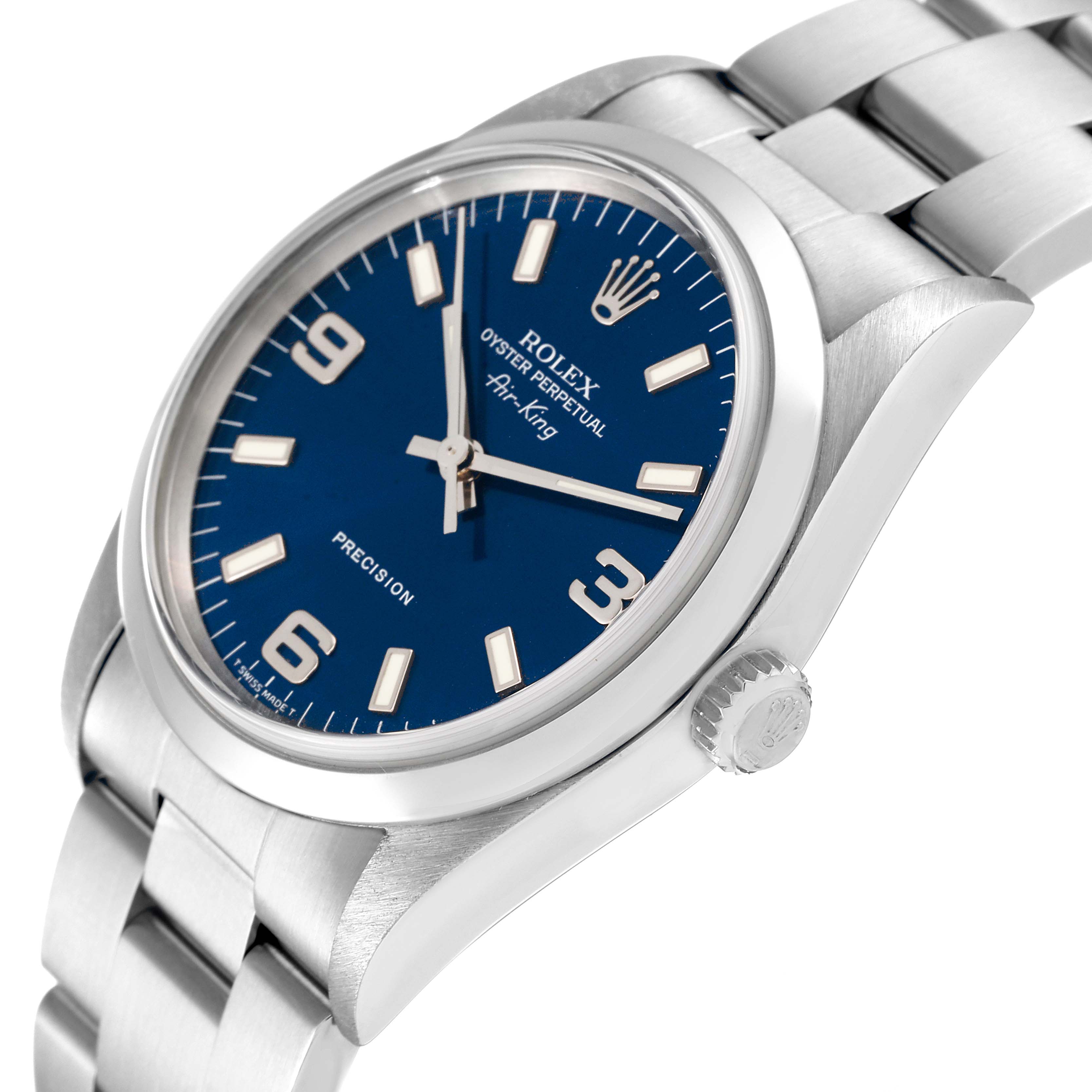 The image shows a Rolex Air-King 14000 Men's Stainless Steel Blue Dial 14000 Men's Stainless Steel Blue Dial watch from a slightly angled side view, highlighting the face, crown, and part of the bracelet.