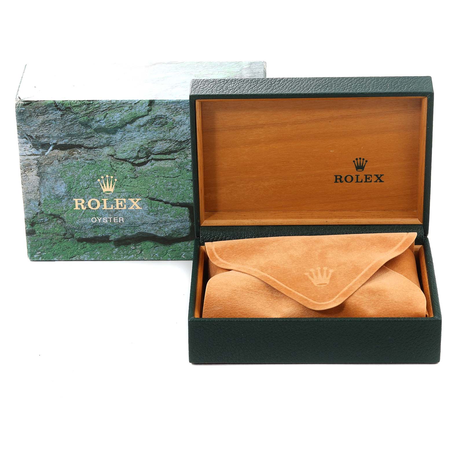 The image shows the packaging box and leather pouch of a Rolex Air-King 14010 Men's Stainless Steel Black Dial 14010 Men's Stainless Steel Black Dial watch placed open on a white surface.