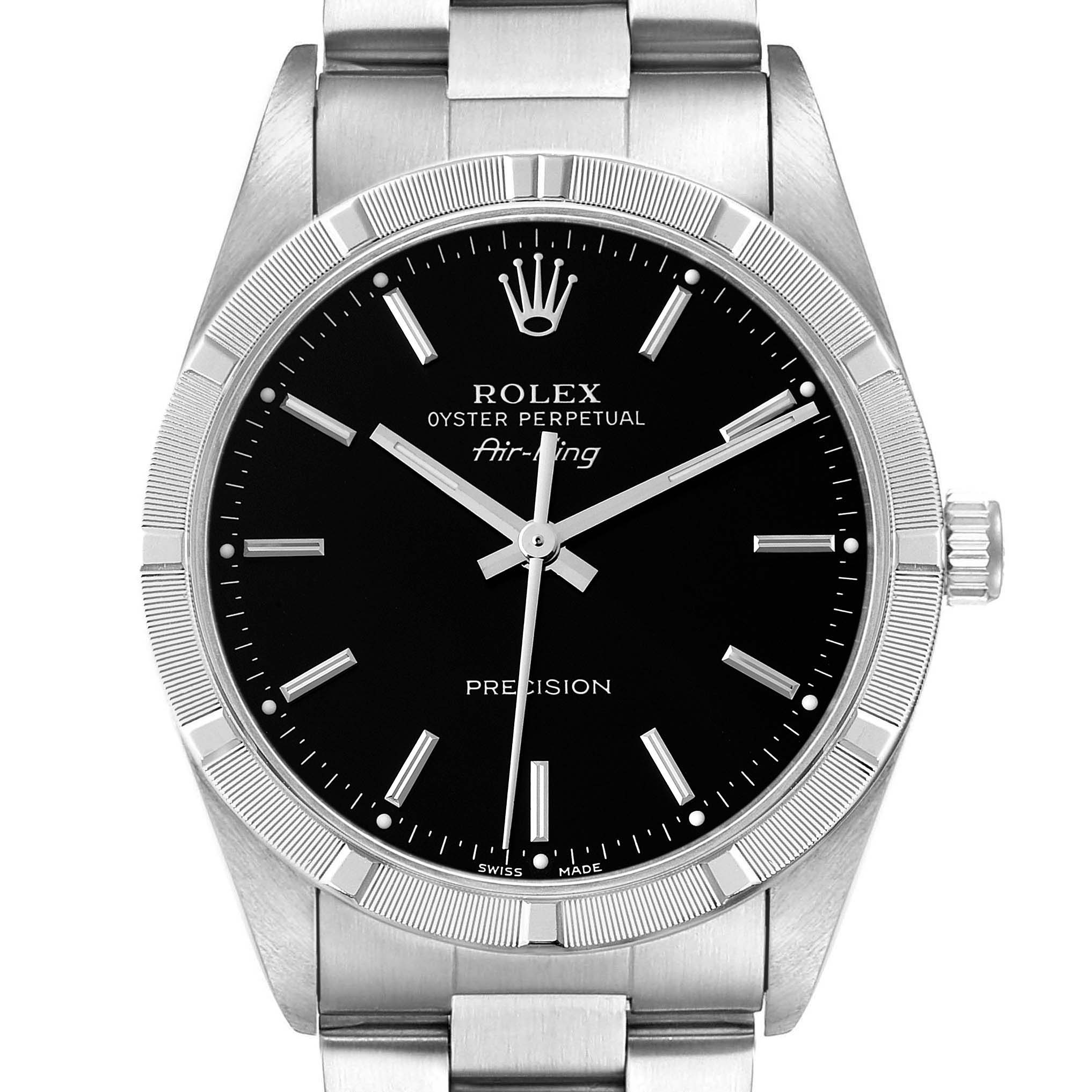 The image shows a front view of a Rolex Air-King 14010 Men's Stainless Steel Black Dial 14010 Men's Stainless Steel Black Dial watch displaying its dial, bezel, and bracelet.