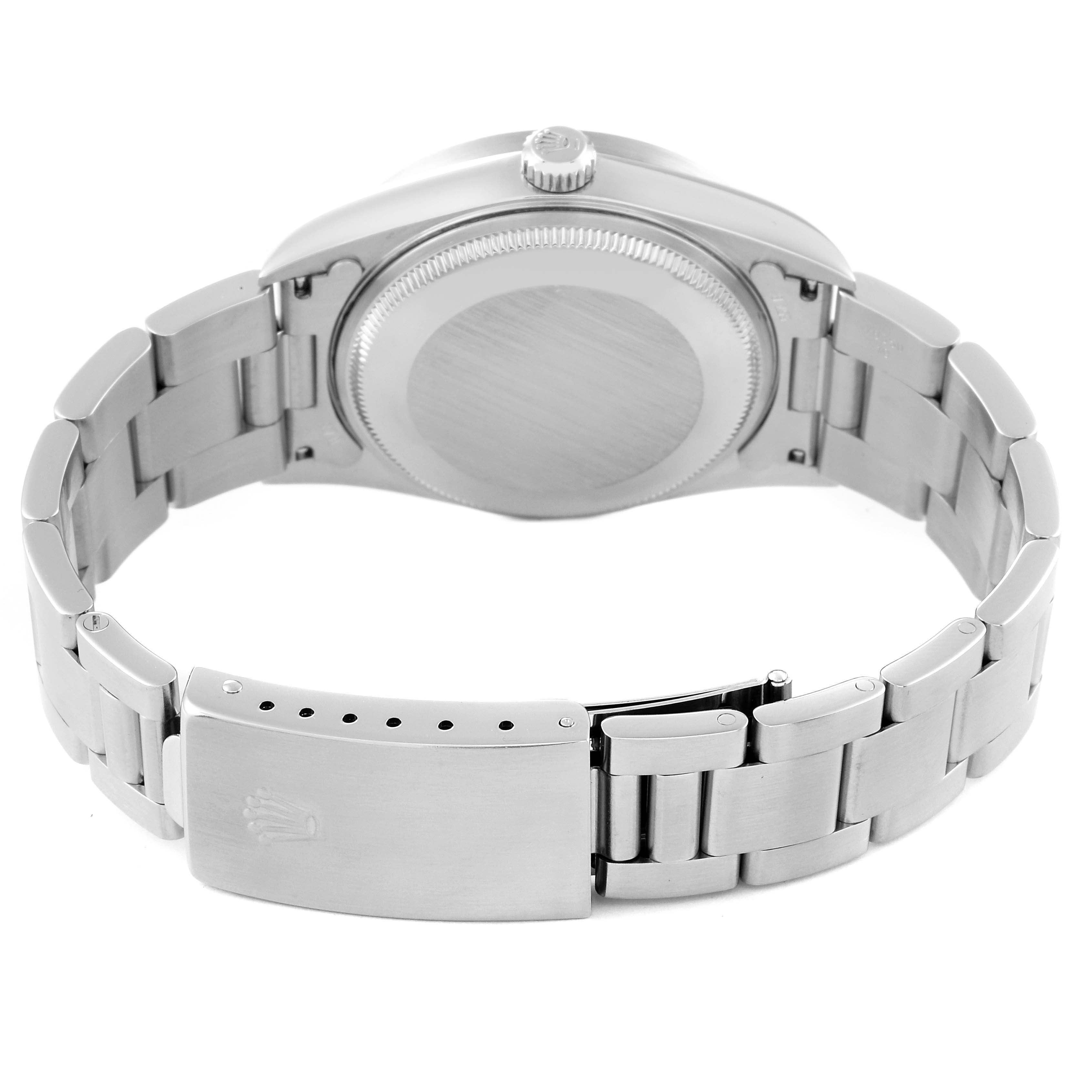 The image shows the back case and stainless steel bracelet of a Rolex Air-King 14010 Men's Stainless Steel Black Dial 14010 Men's Stainless Steel Black Dial watch.