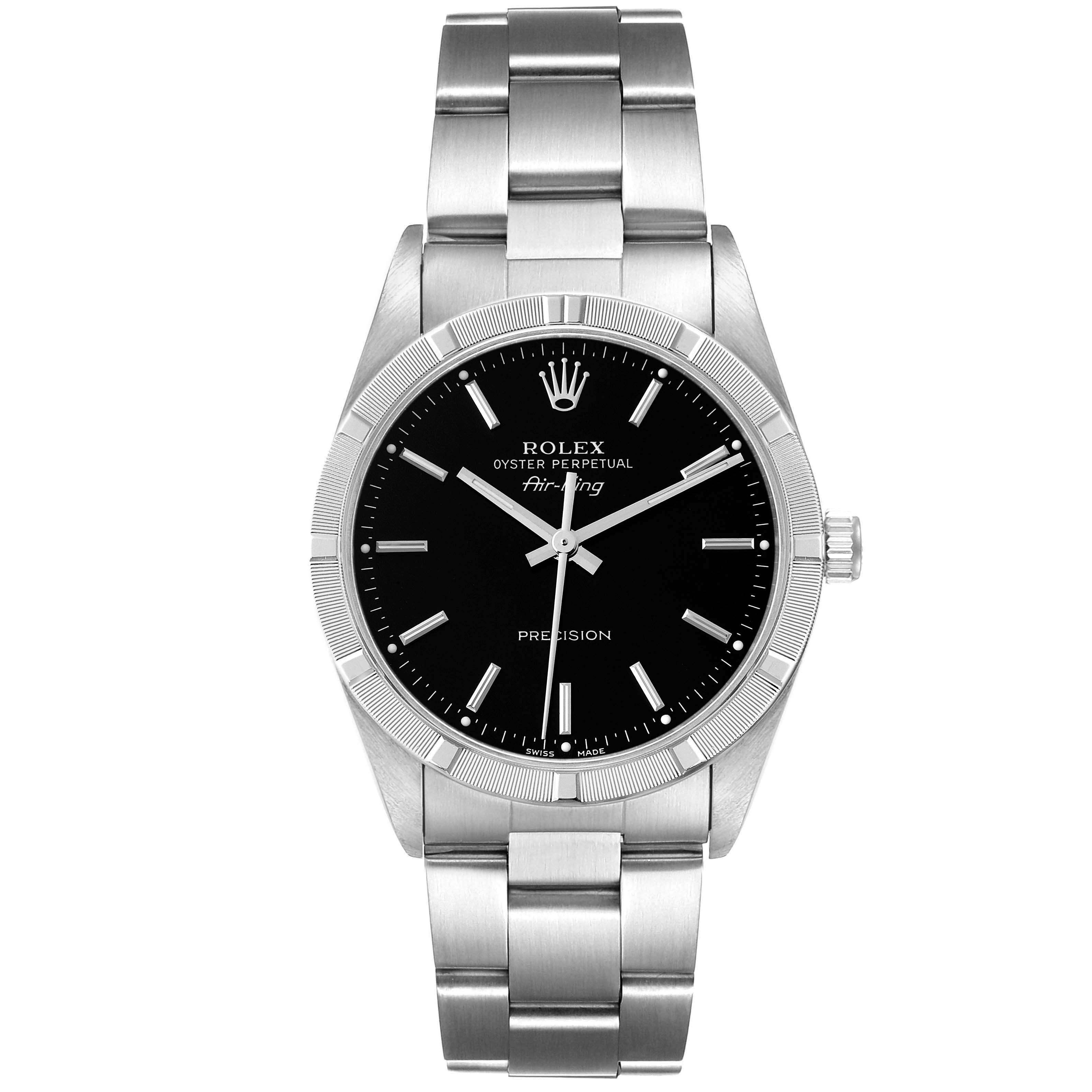 The image shows a front view of a Rolex Air-King 14010 Men's Stainless Steel Black Dial 14010 Men's Stainless Steel Black Dial watch, highlighting the black dial, bezel, and stainless steel bracelet.