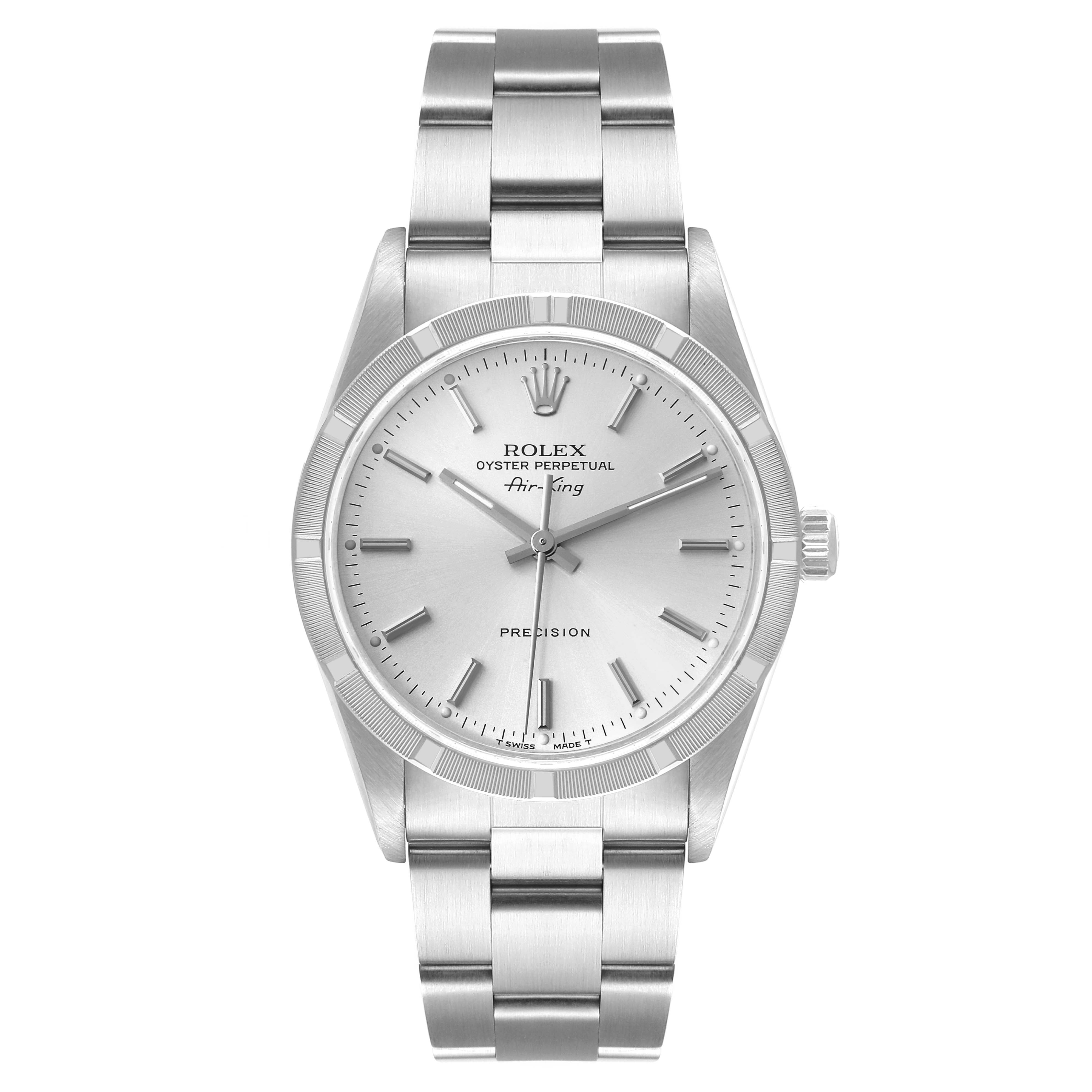 The image shows a front view of a Rolex Air-King 14010 Men's Stainless Steel Silver Dial 14010 Men's Stainless Steel Silver Dial watch, highlighting its dial, bezel, and bracelet.