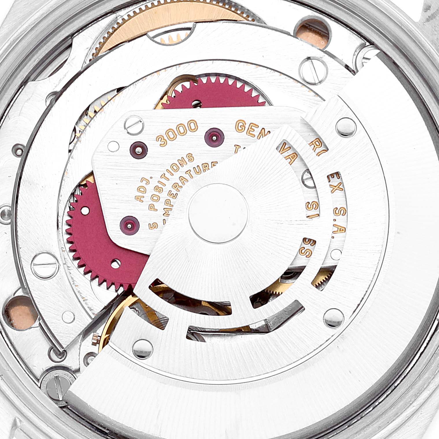 This close-up image shows the inner mechanical components of the Rolex Air-King 14010 Men's Stainless Steel Silver Dial 14010 Men's Stainless Steel Silver Dial watch movement.