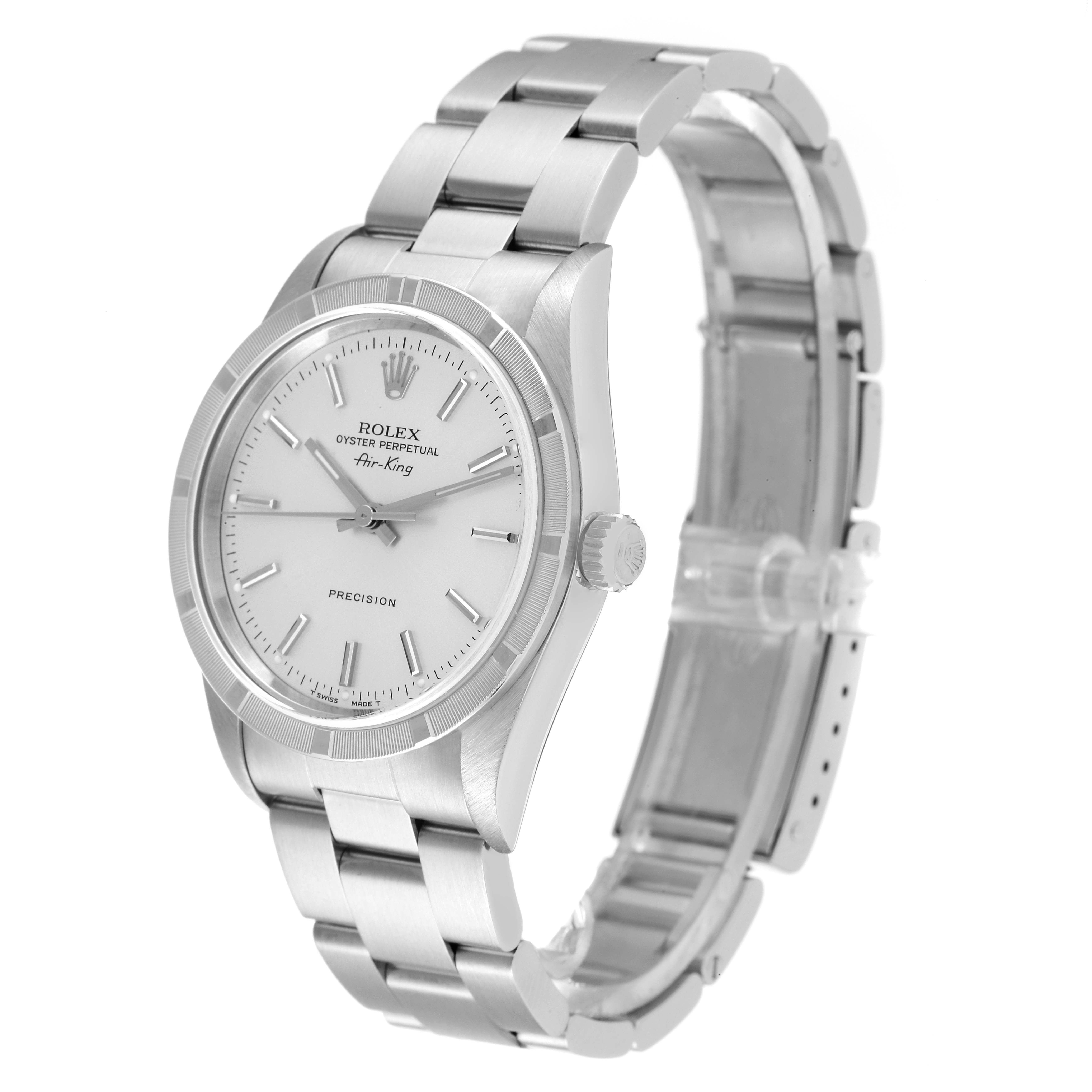 The image shows a Rolex Air-King 14010 Men's Stainless Steel Silver Dial 14010 Men's Stainless Steel Silver Dial watch in a three-quarter view, highlighting the dial, bracelet, and crown.