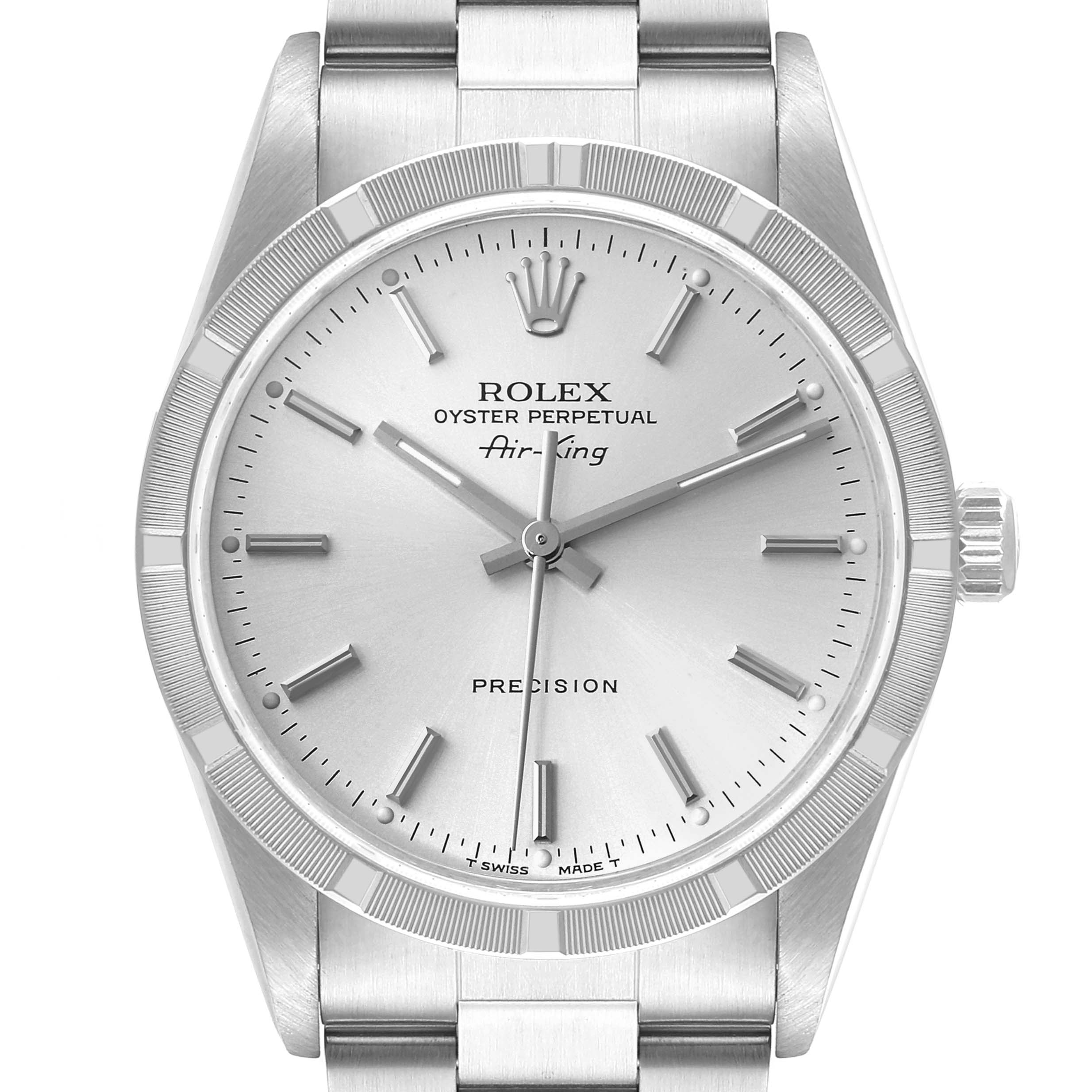 This image shows a front view of a Rolex Air-King 14010 Men's Stainless Steel Silver Dial 14010 Men's Stainless Steel Silver Dial watch, displaying its dial, bezel, crown, and part of the bracelet.