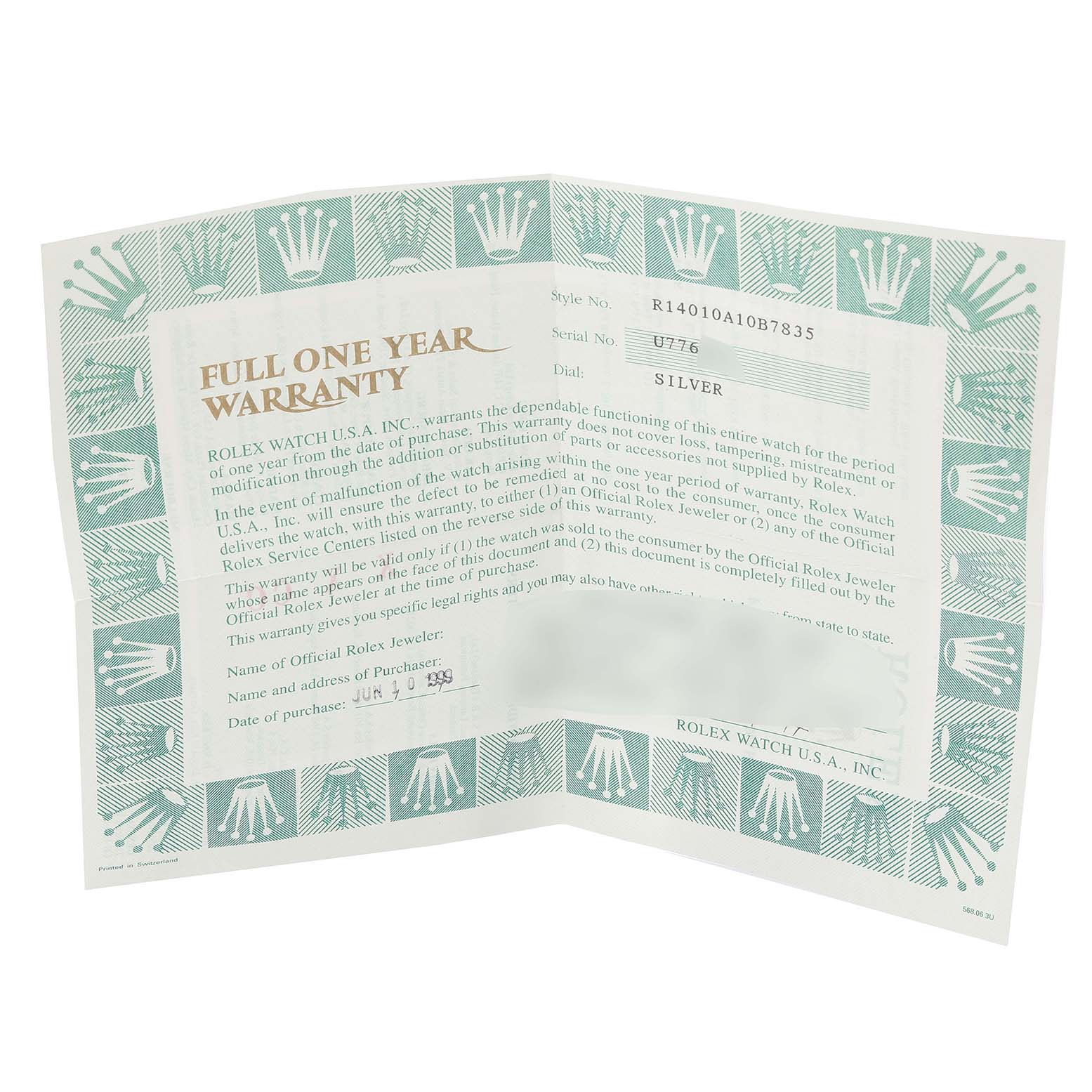 The image shows a full-year warranty card for the Rolex Air-King 14010 Men's Stainless Steel Silver Dial 14010 Men's Stainless Steel Silver Dial watch, featuring the warranty details and serial number.