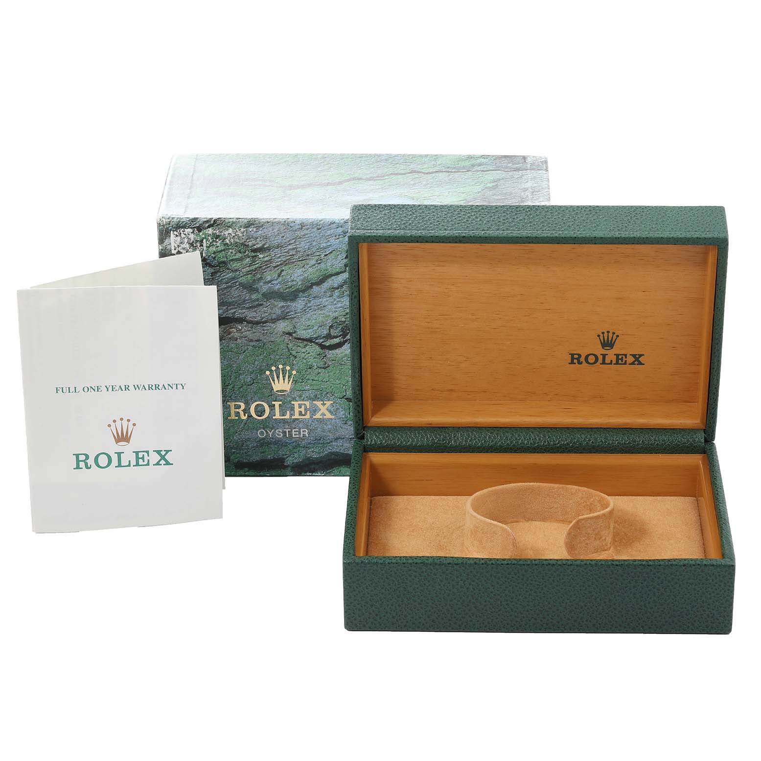 The image shows an open Rolex watch box for the Air-King model, along with its outer box and warranty card.